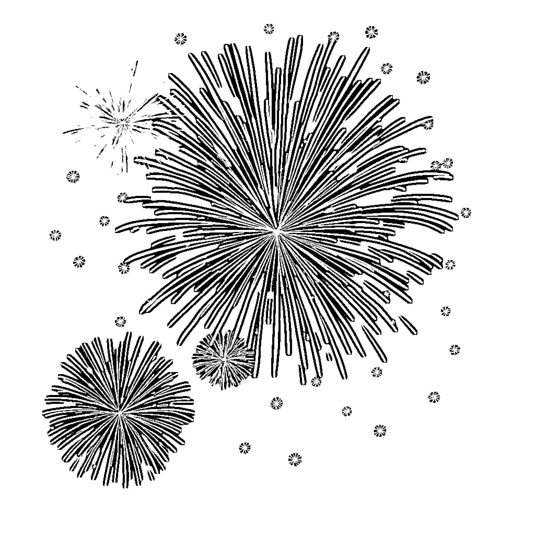Firework display with bursting patterns and shapes Coloring Page (free black-and-white line drawing printable PDF for all, from beginners to advanced learners, including children, teens, adults, and seniors)