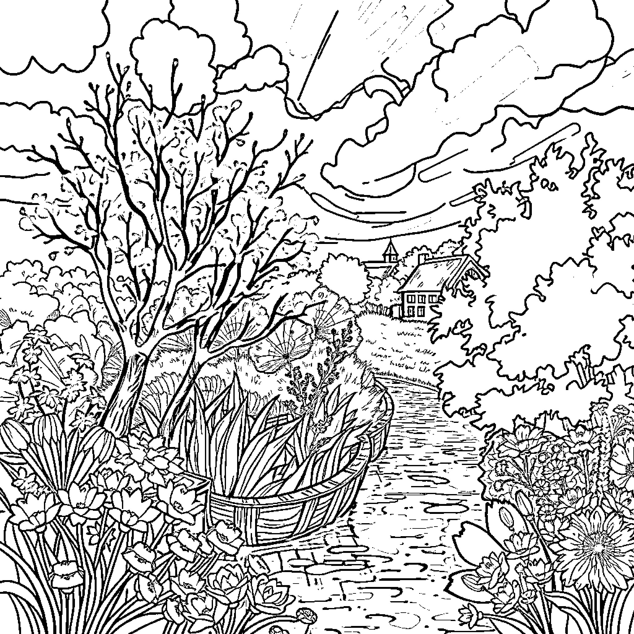 Impressionist Serene Floral Landscape Coloring Page (free black-and-white line drawing printable PDF for all, from beginners to advanced learners, including children, teens, adults, and seniors)