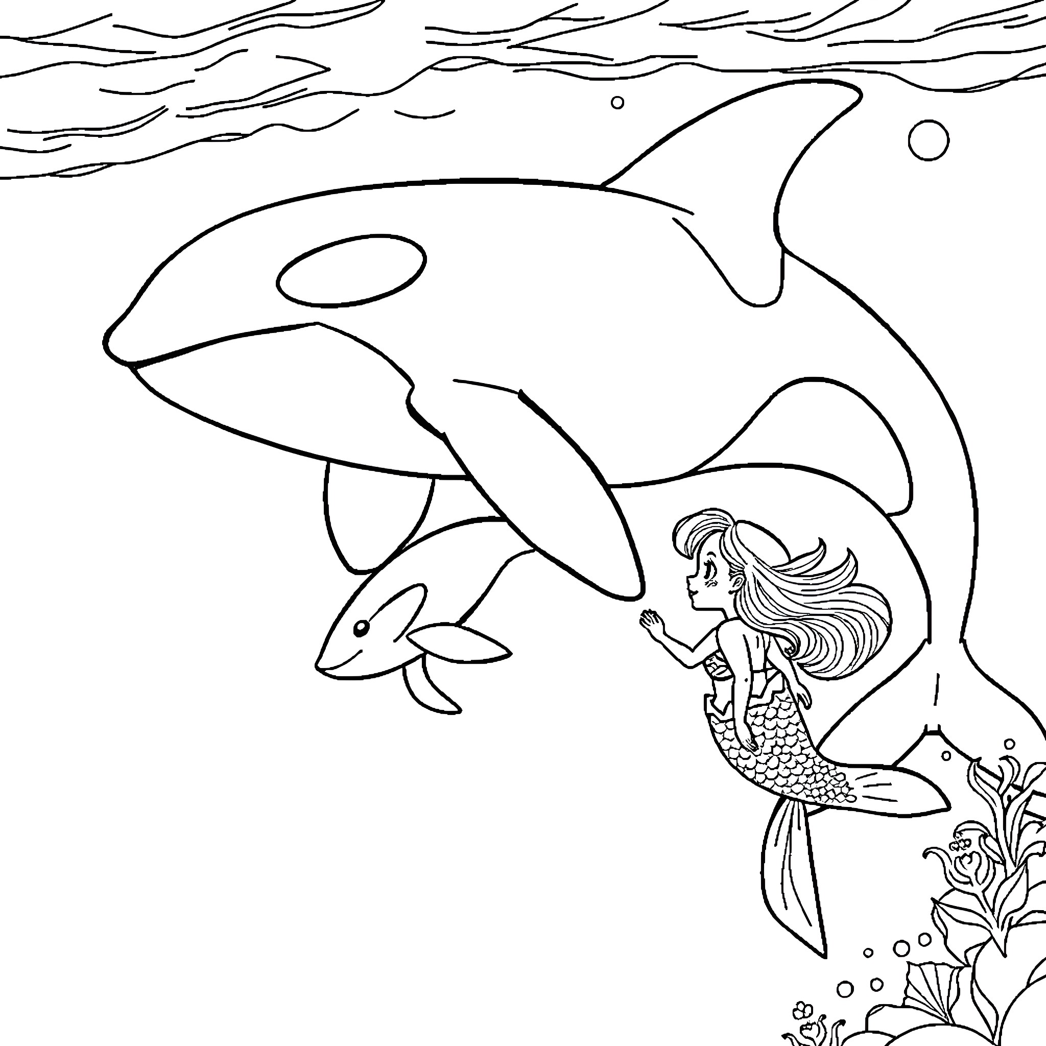 Orca and mermaid swimming in the ocean Coloring Page (free black-and-white line drawing printable PDF for all, from beginners to advanced learners, including children, teens, adults, and seniors)