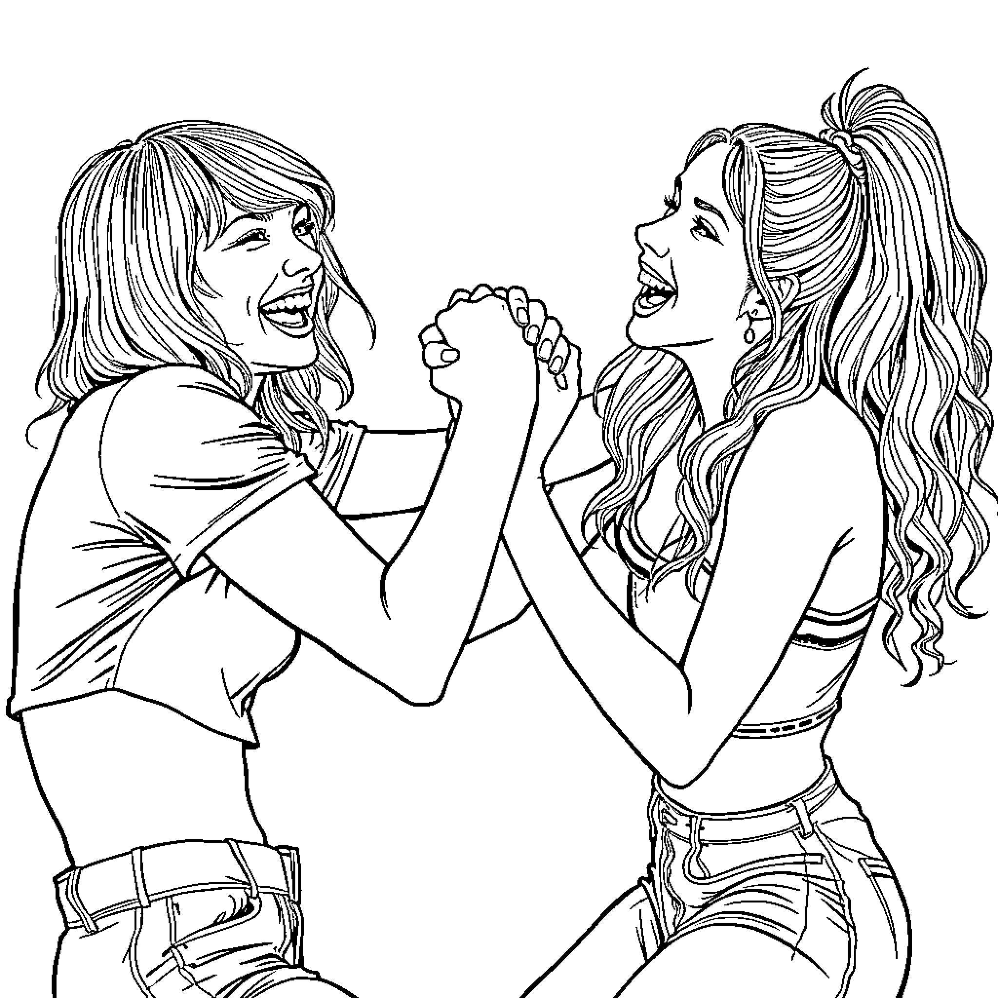 Taylor Swift: Playful Interaction Between Friends Coloring Page (free black-and-white line drawing printable PDF for all, from beginners to advanced learners, including children, teens, adults, and seniors)