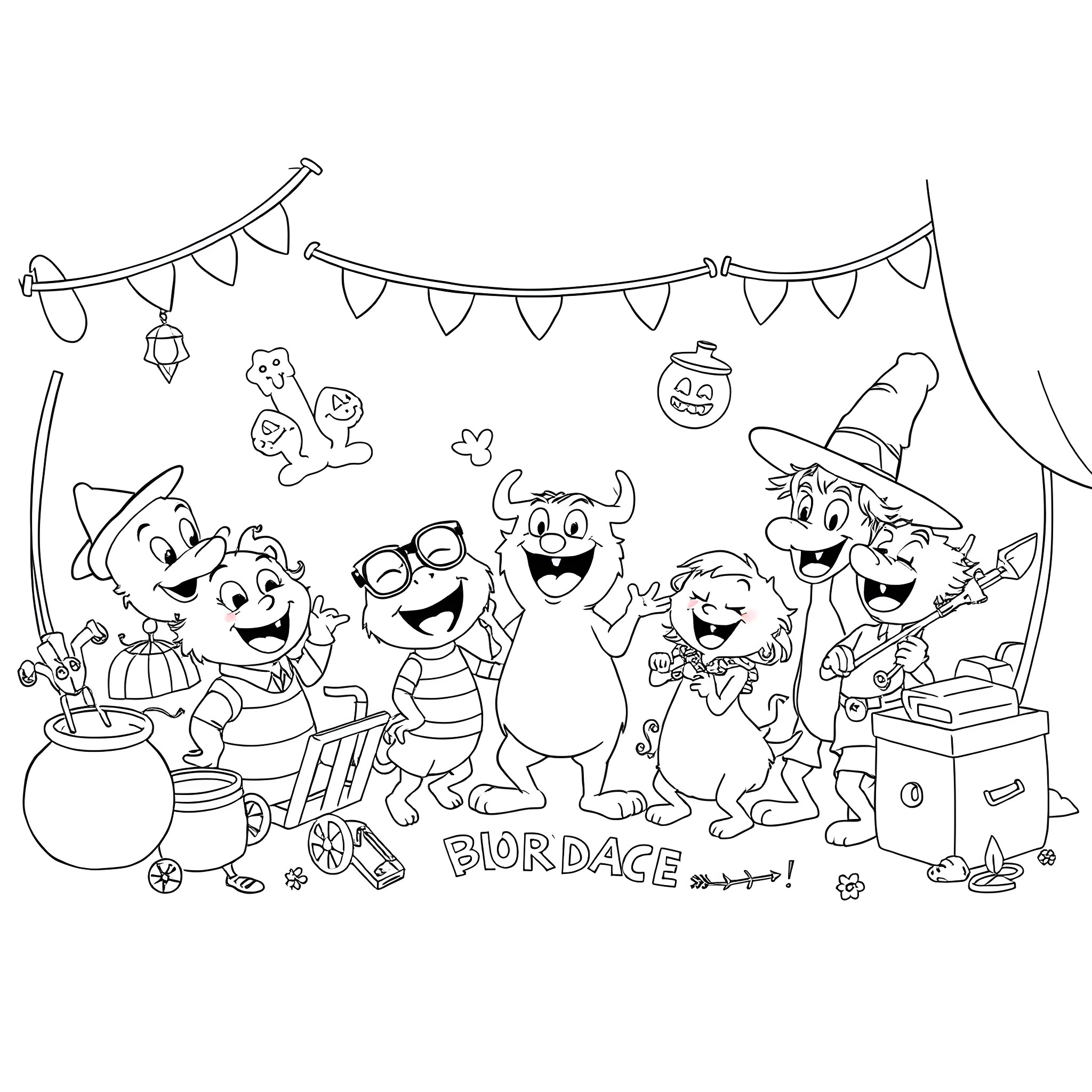 Word Cartoon Characters Celebrating Halloween Party Coloring Page (free black-and-white line drawing printable PDF for all, from beginners to advanced learners, including children, teens, adults, and seniors)