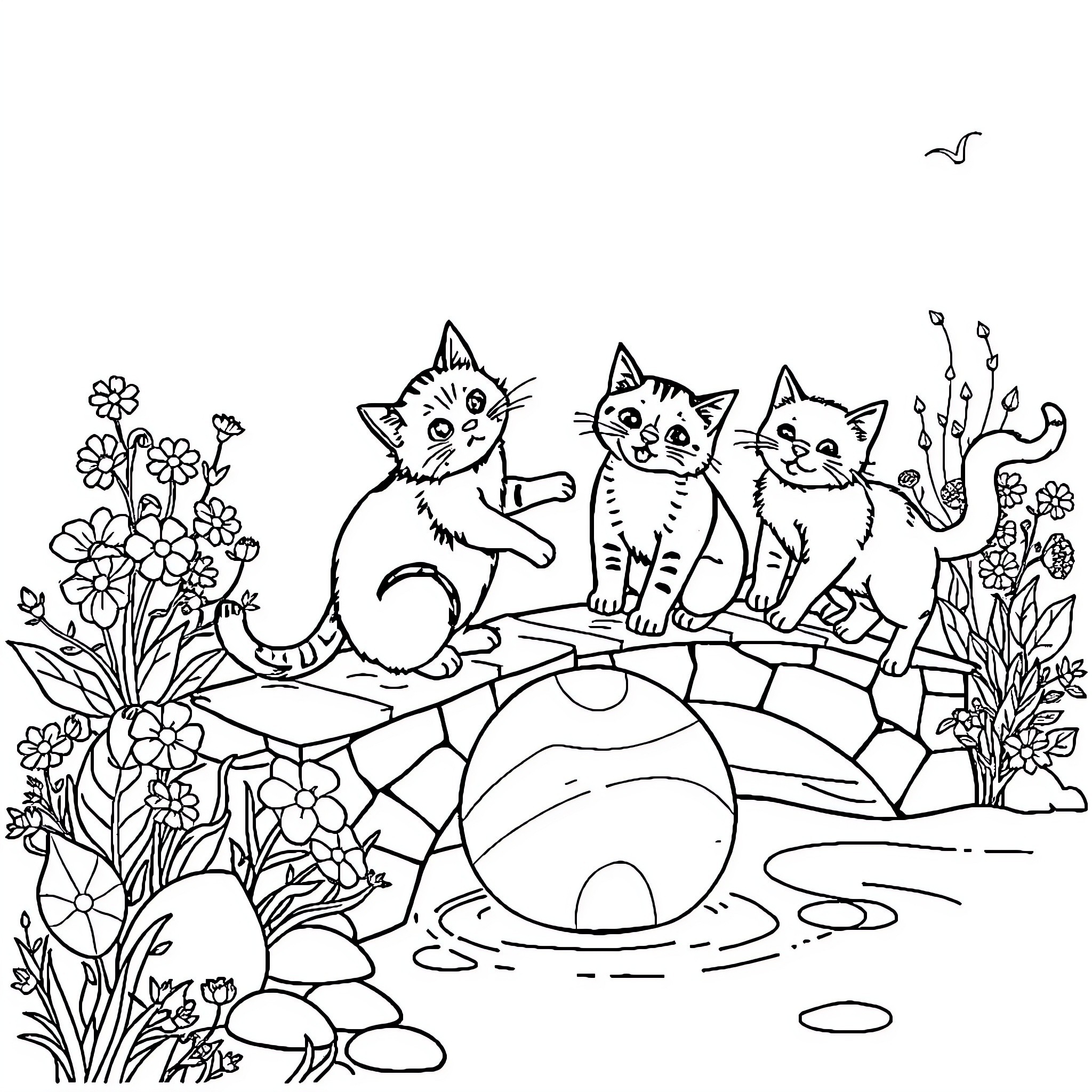 Cats playing in a whimsical garden Coloring Page (free black-and-white line drawing printable PDF for all, from beginners to advanced learners, including children, teens, adults, and seniors)