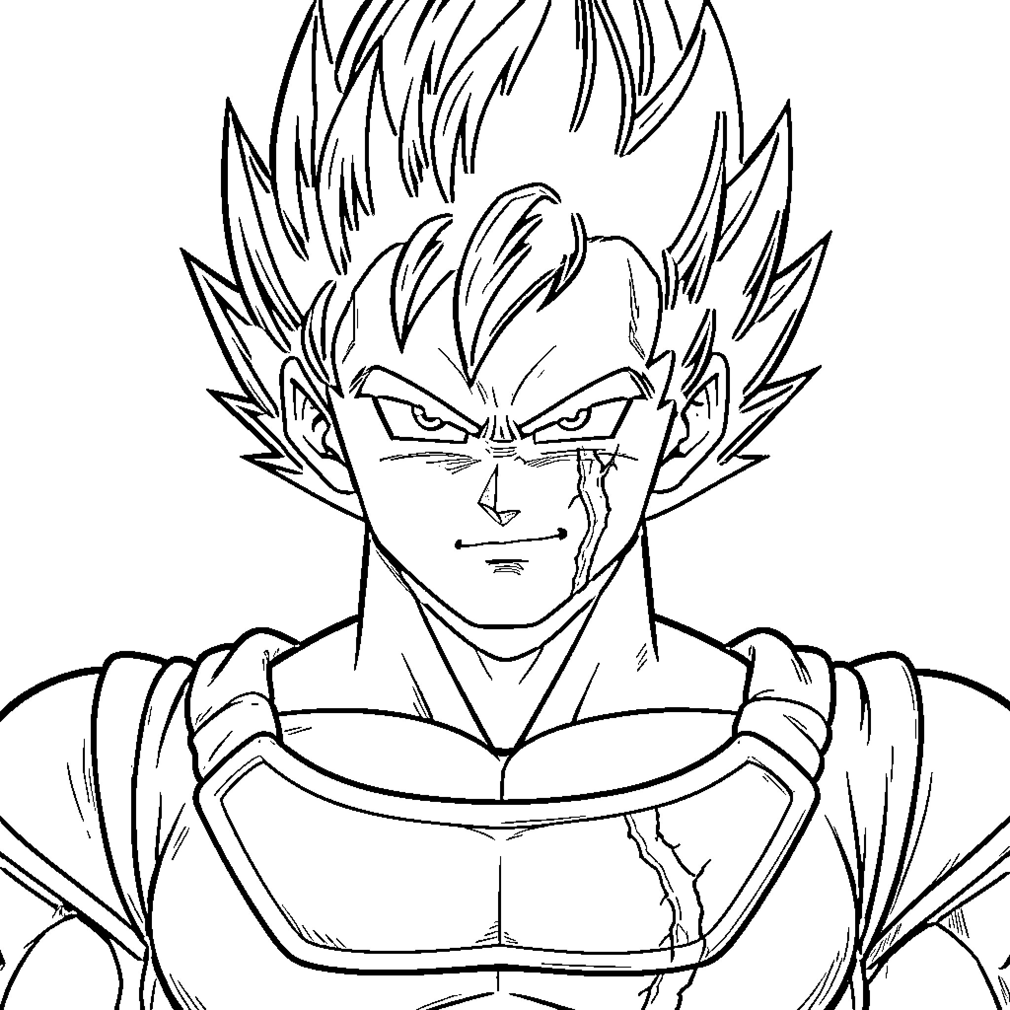 Vegeta with a serious expression and battle scars Coloring Page (free black-and-white line drawing printable PDF for all, from beginners to advanced learners, including children, teens, adults, and seniors)