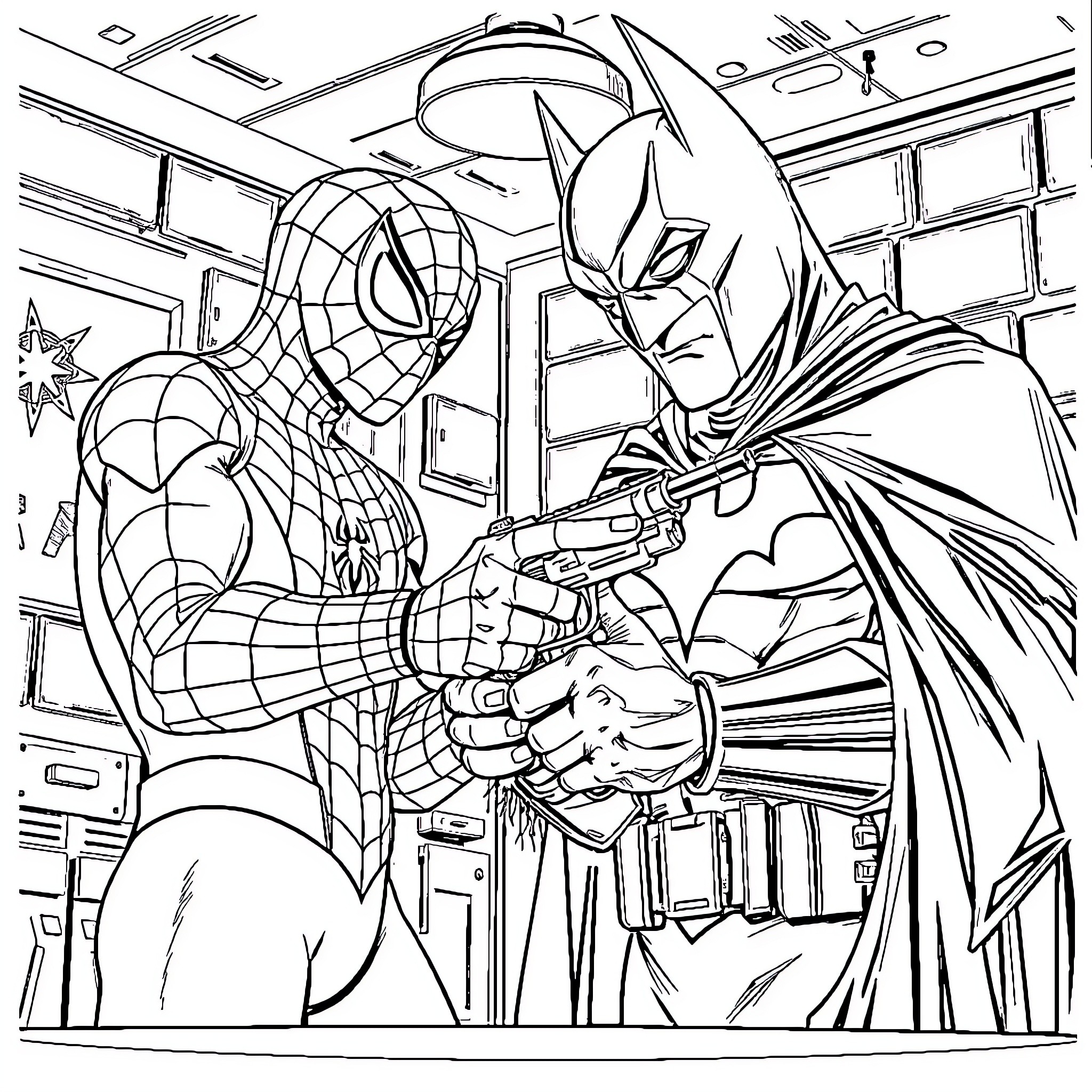 Spider-Man and Batman team up for action in the city Coloring Page (free black-and-white line drawing printable PDF for all, from beginners to advanced learners, including children, teens, adults, and seniors)