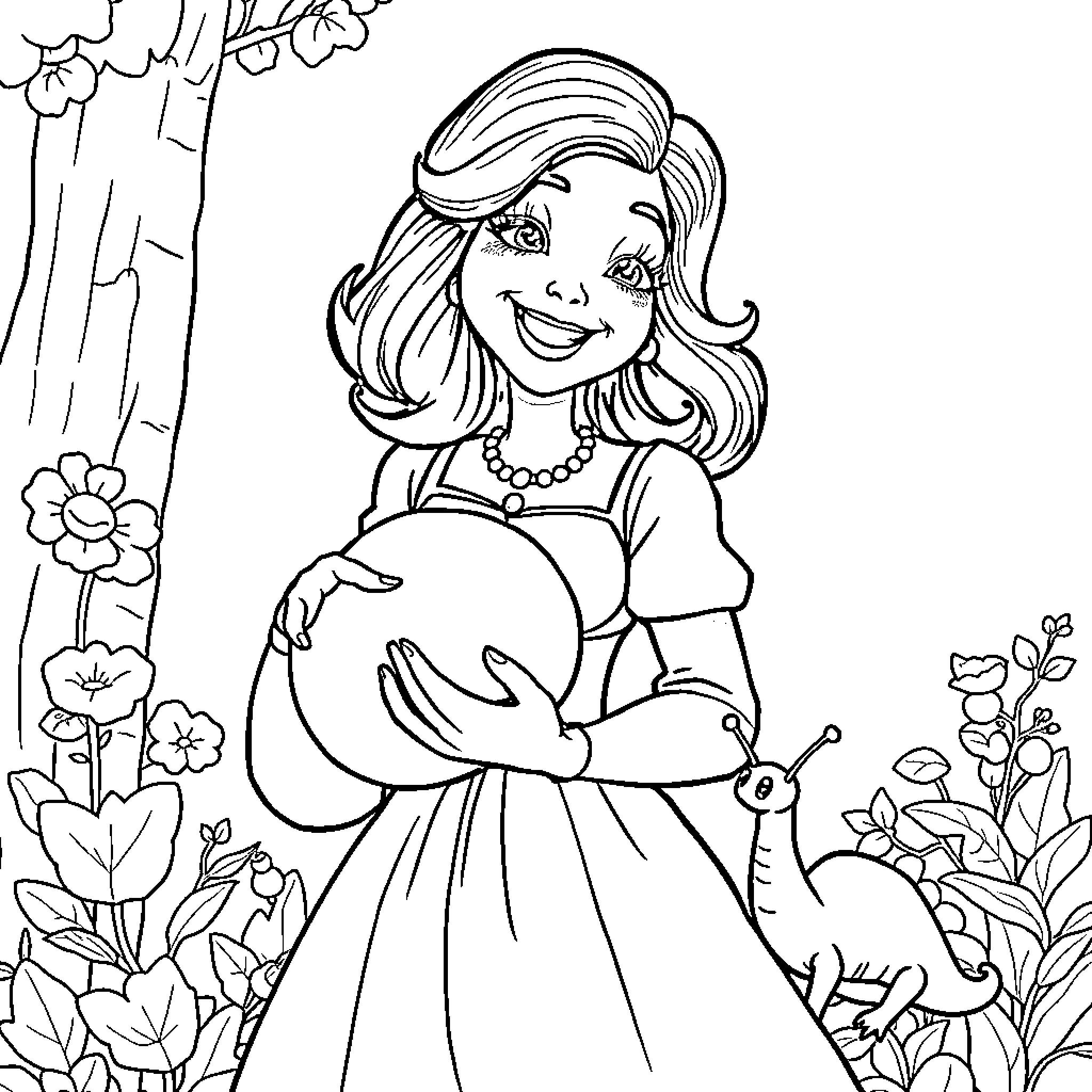 Madame Gardening with Joy in the Floral Oasis Coloring Page (free black-and-white line drawing printable PDF for all, from beginners to advanced learners, including children, teens, adults, and seniors)