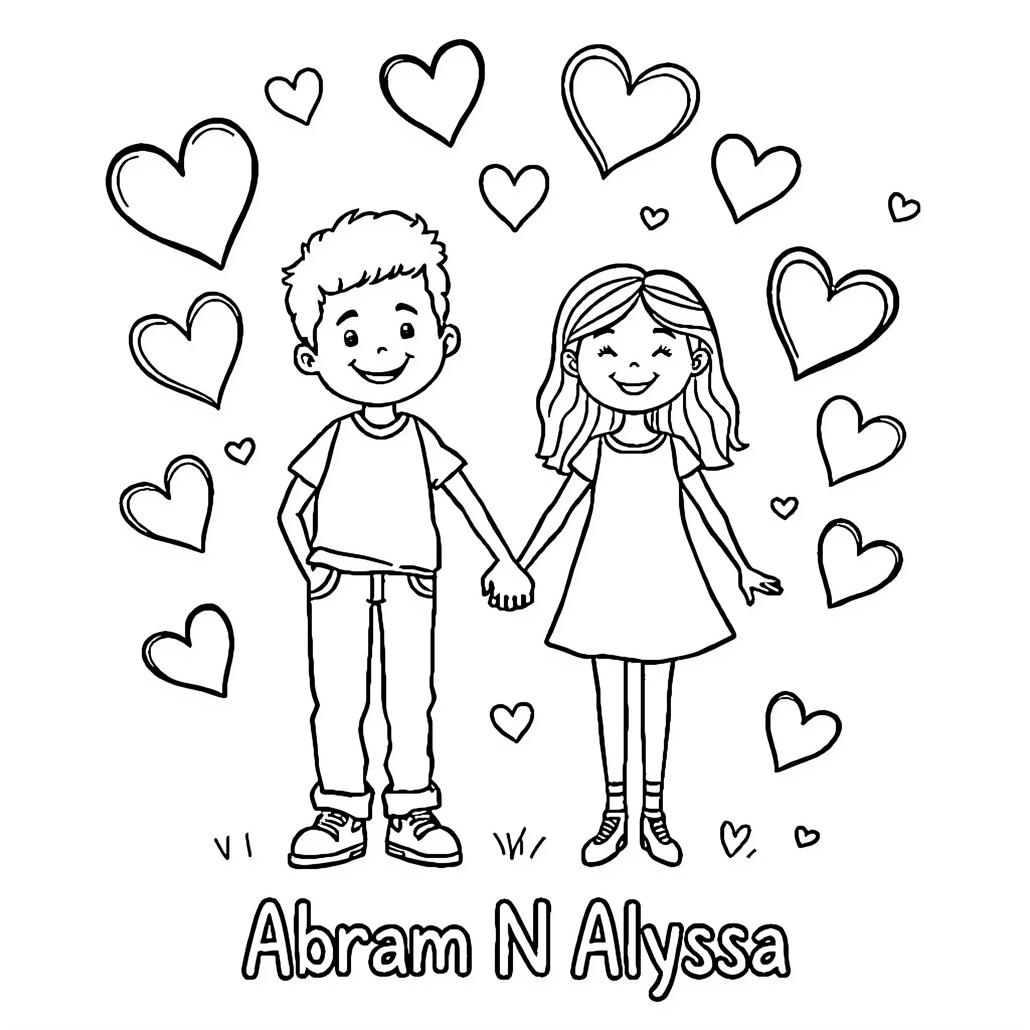 Couple sharing a joyful moment surrounded by hearts Coloring Page (free black-and-white line drawing printable PDF for all, from beginners to advanced learners, including children, teens, adults, and seniors)