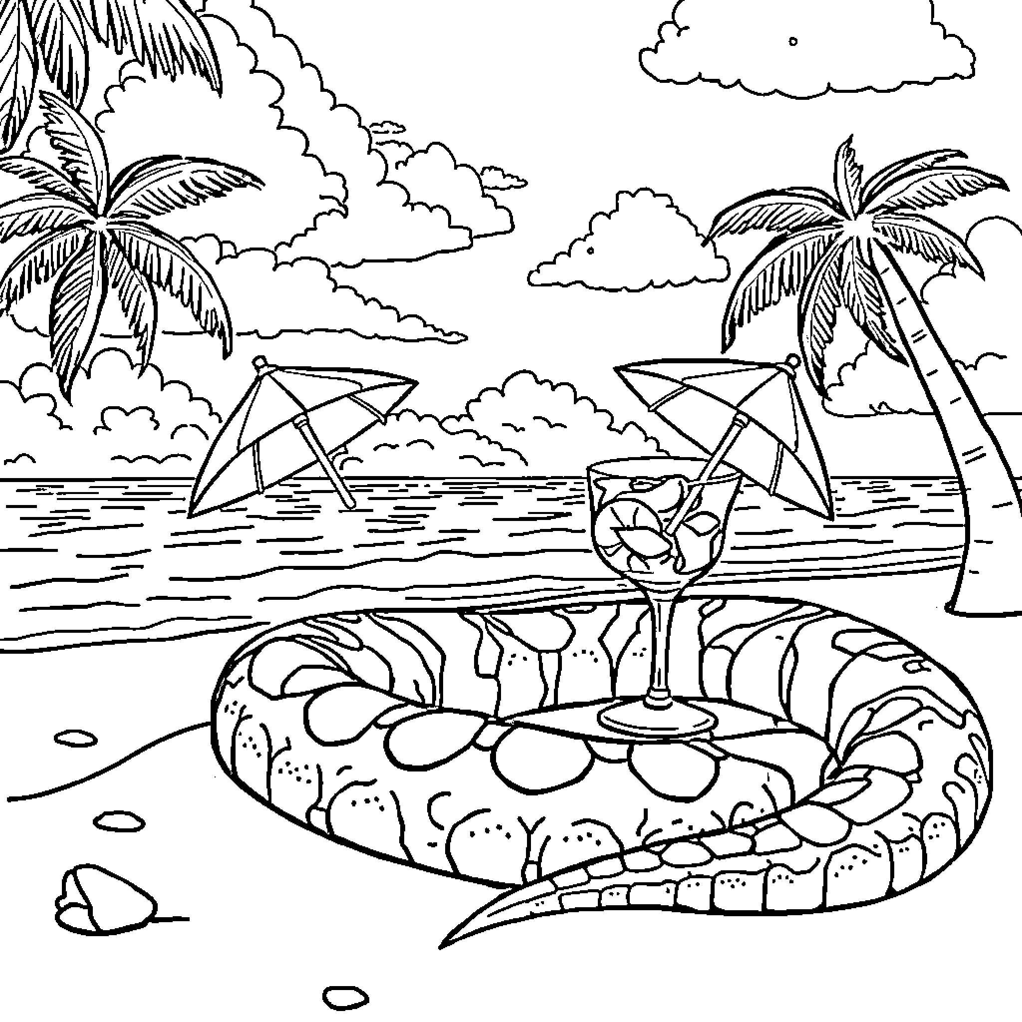 Ball Python chilling on a tropical beach Coloring Page (free black-and-white line drawing printable PDF for all, from beginners to advanced learners, including children, teens, adults, and seniors)