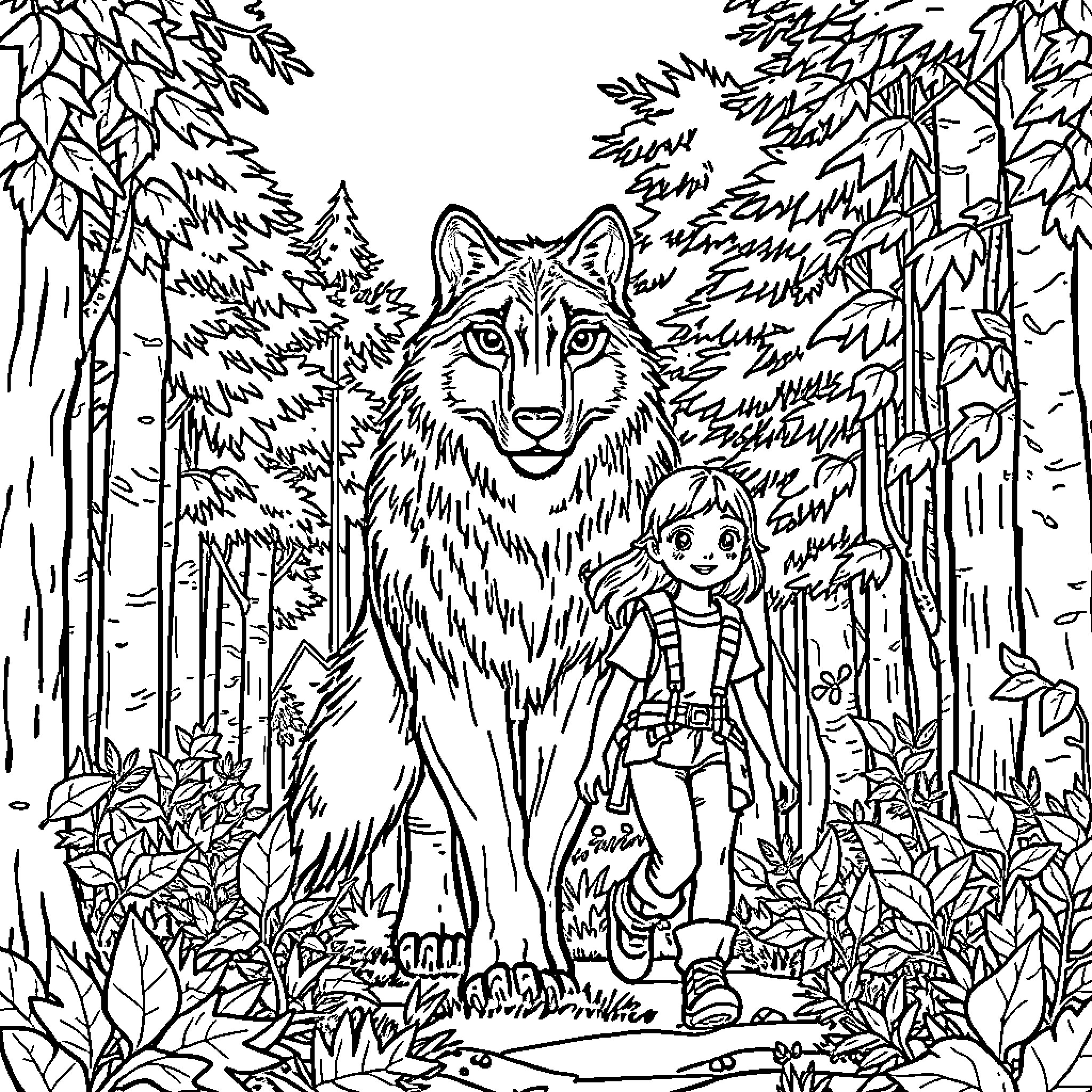 Wolf and Young Hiker in Enchanted Forest Coloring Page (free black-and-white line drawing printable PDF for all, from beginners to advanced learners, including children, teens, adults, and seniors)