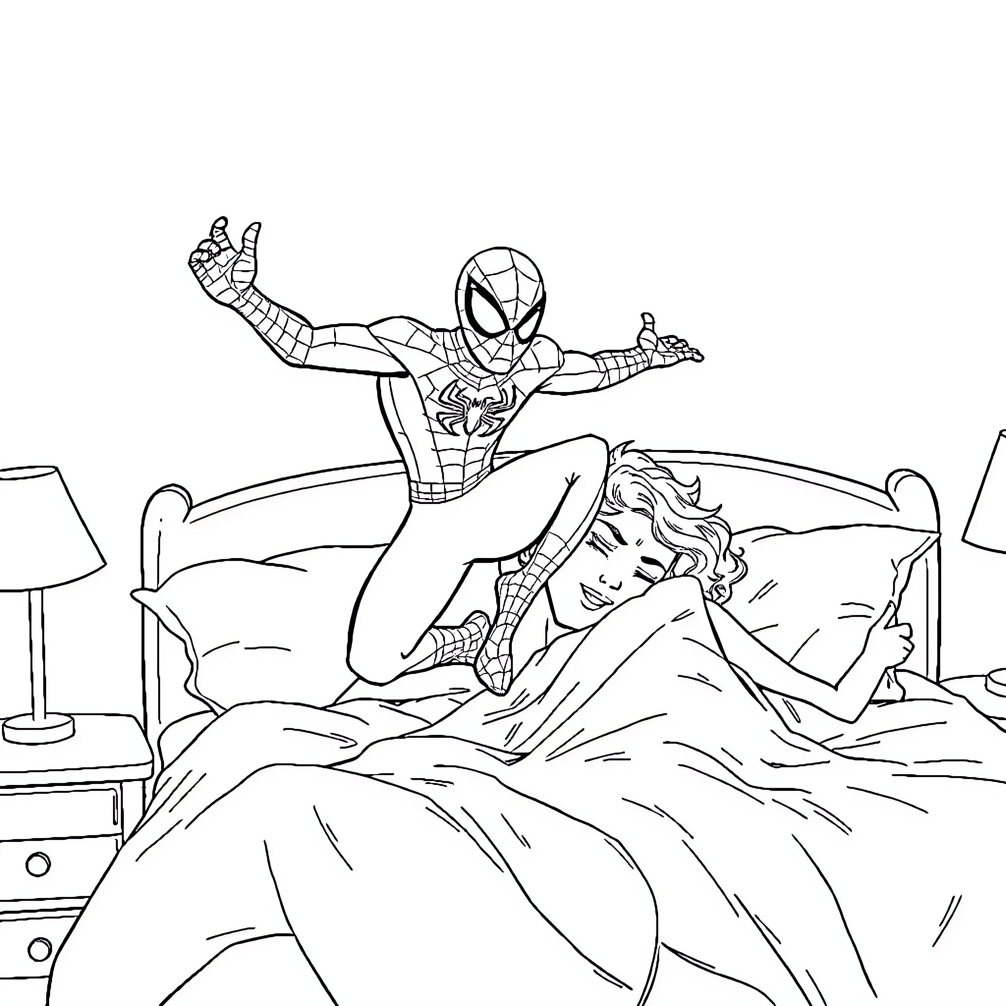 Spiderman rescuing a person in bed Coloring Page (free black-and-white line drawing printable PDF for all, from beginners to advanced learners, including children, teens, adults, and seniors)