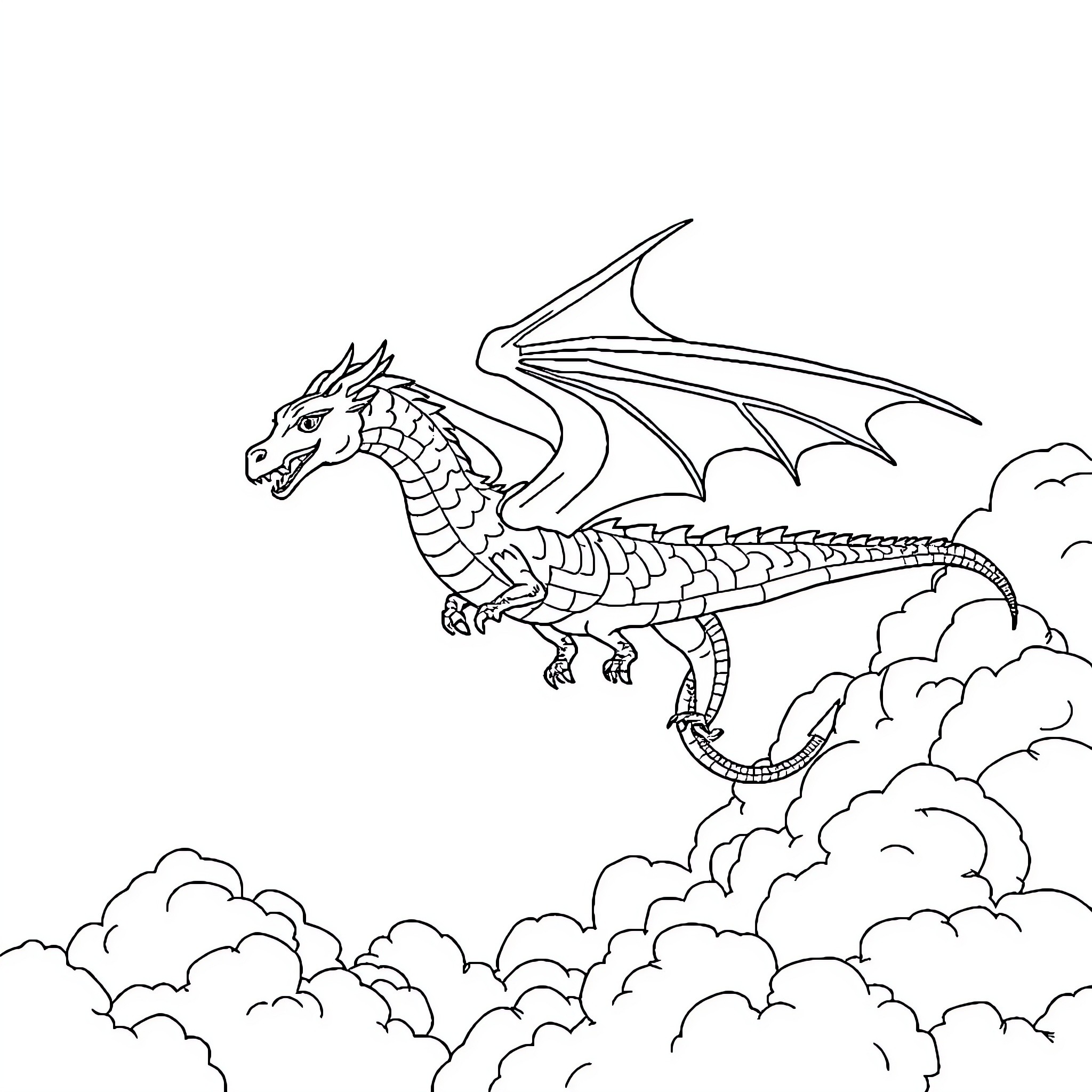 Dragon soaring through the cloudy skies Coloring Page (free black-and-white line drawing printable PDF for all, from beginners to advanced learners, including children, teens, adults, and seniors)