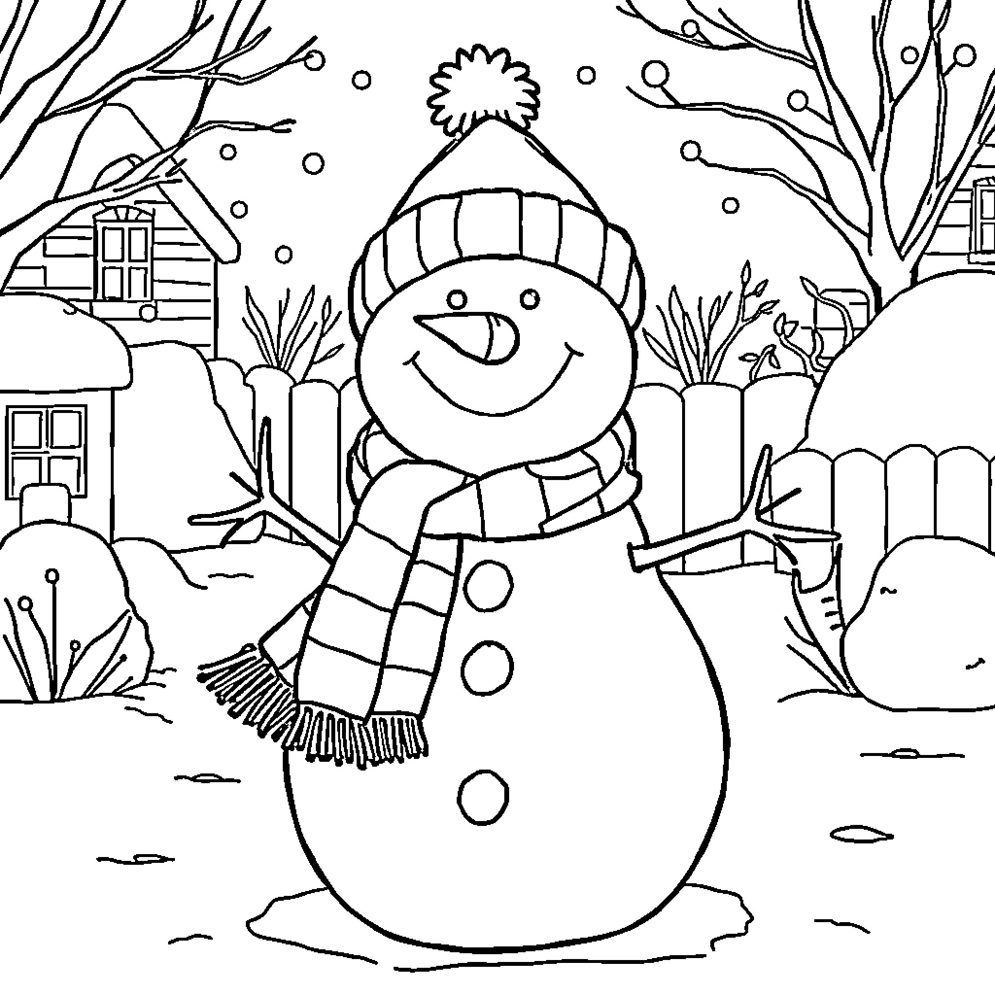 Snowman smiling in the snowy winter scene Coloring Page (free black-and-white line drawing printable PDF for all, from beginners to advanced learners, including children, teens, adults, and seniors)
