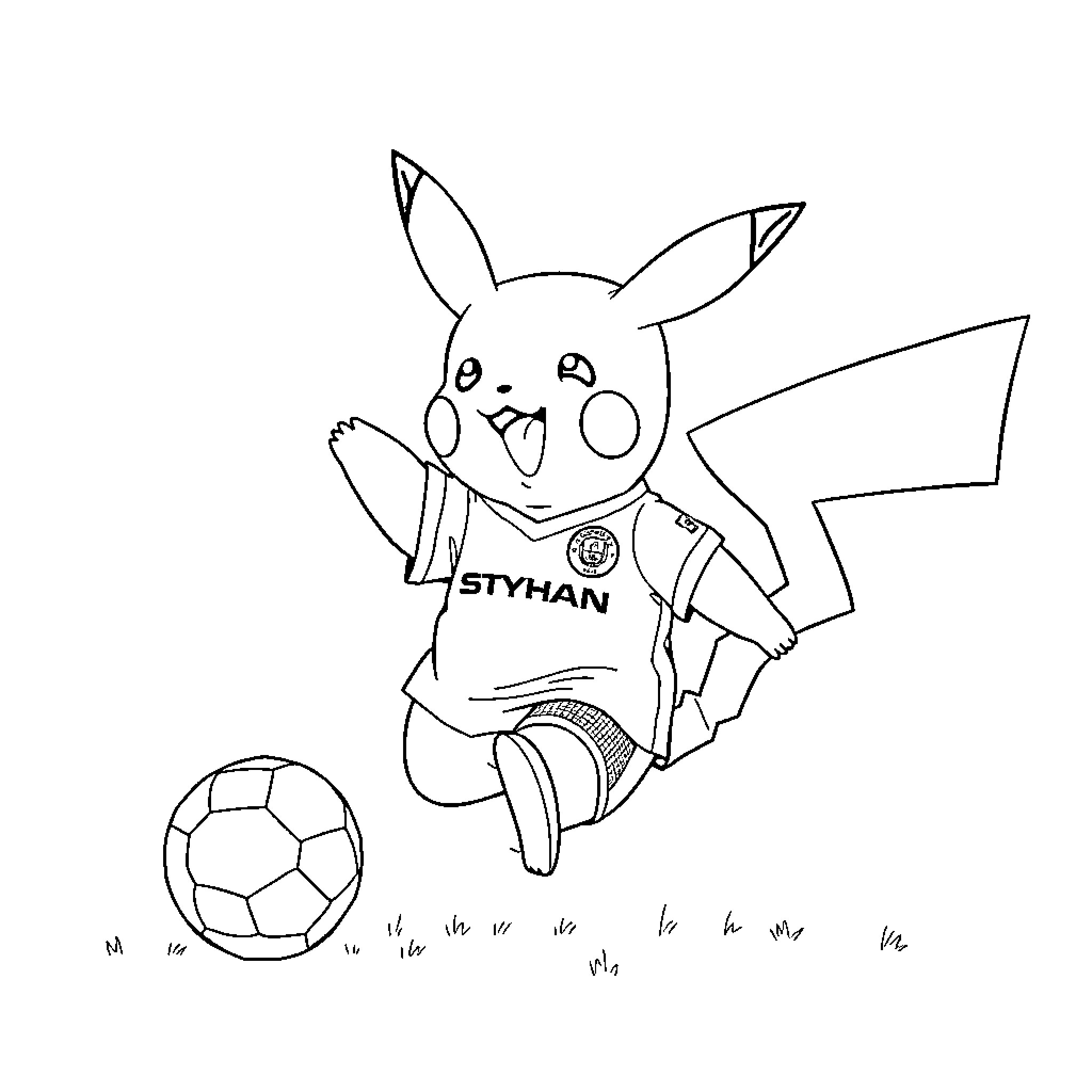 Pikachu playing soccer with ball Coloring Page (free black-and-white line drawing printable PDF for all, from beginners to advanced learners, including children, teens, adults, and seniors)