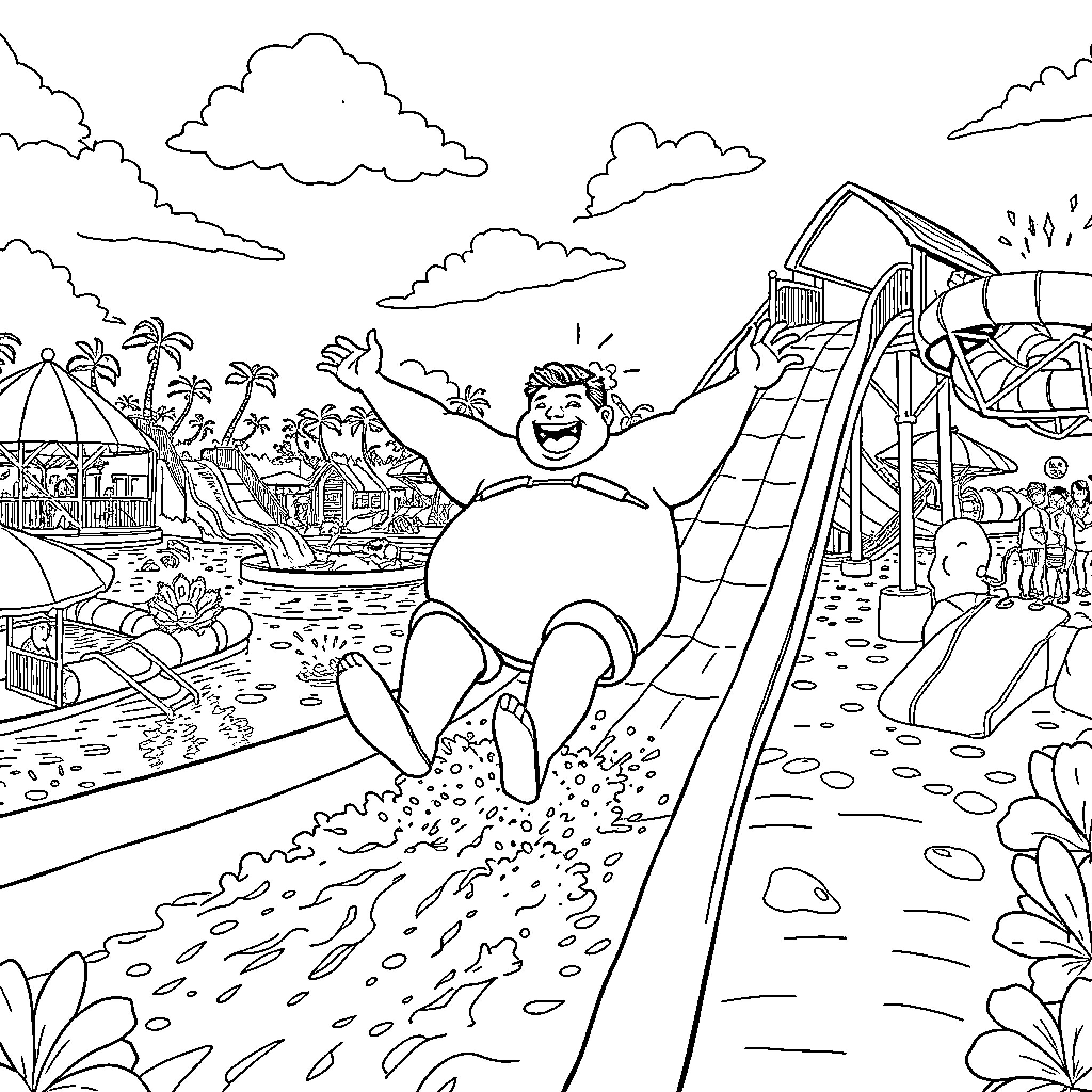 Waterpark adventure with laughter and excitement Coloring Page (free black-and-white line drawing printable PDF for all, from beginners to advanced learners, including children, teens, adults, and seniors)