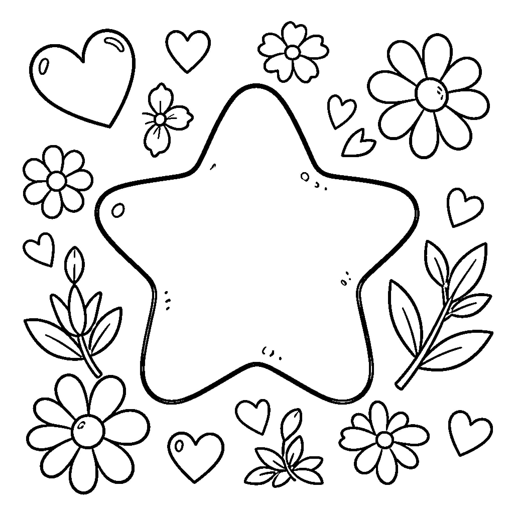 Dore stars surrounded by hearts and blooming flowers Coloring Page (free black-and-white line drawing printable PDF for all, from beginners to advanced learners, including children, teens, adults, and seniors)