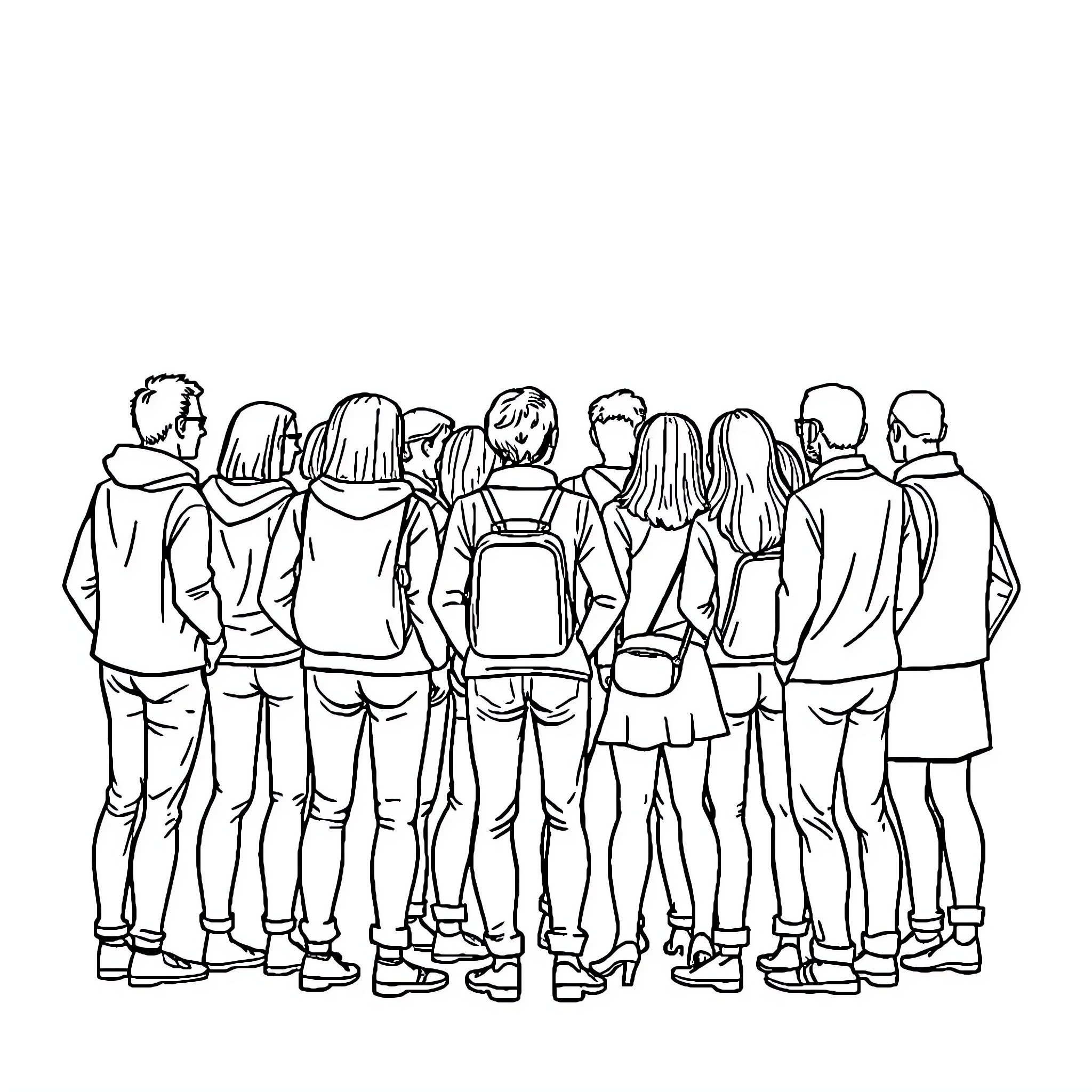 Person standing together in a group Coloring Page (free black-and-white line drawing printable PDF for all, from beginners to advanced learners, including children, teens, adults, and seniors)