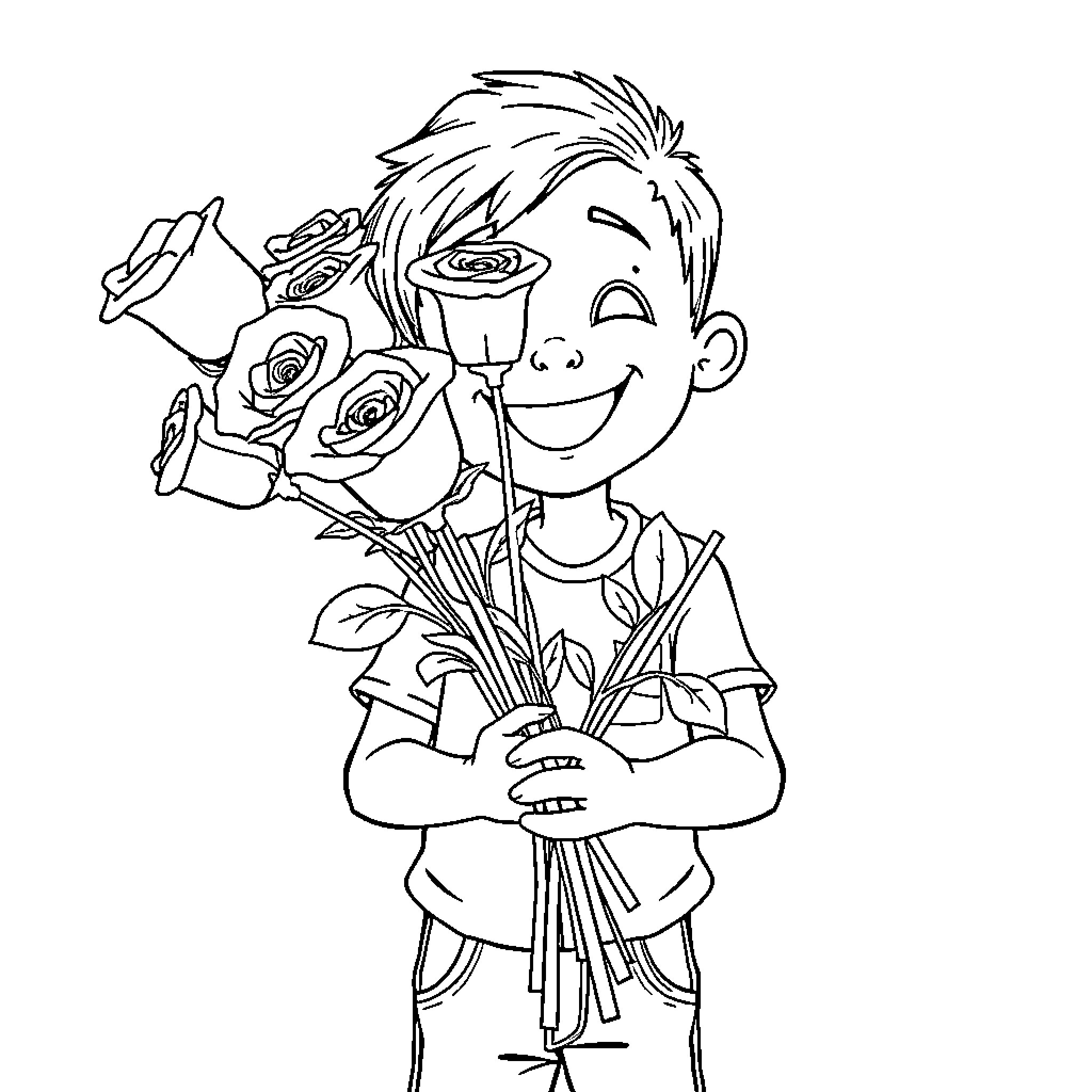 Rose Delighted Boy Presenting Flowers Coloring Page (free black-and-white line drawing printable PDF for all, from beginners to advanced learners, including children, teens, adults, and seniors)