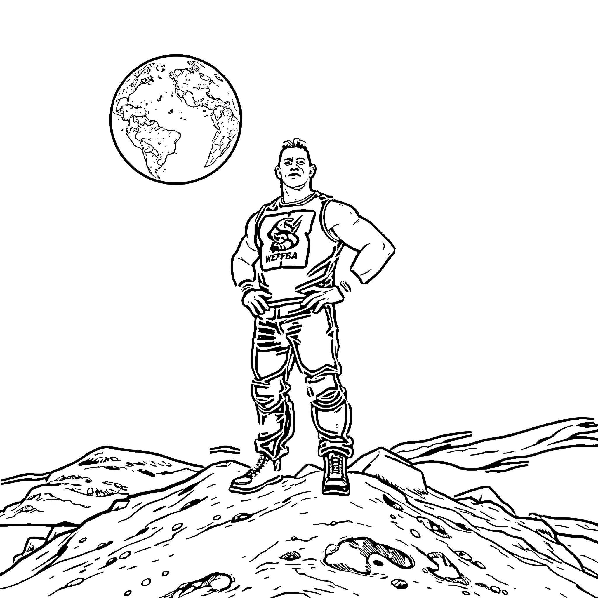 John Cena conquers the world from the moon Coloring Page (free black-and-white line drawing printable PDF for all, from beginners to advanced learners, including children, teens, adults, and seniors)