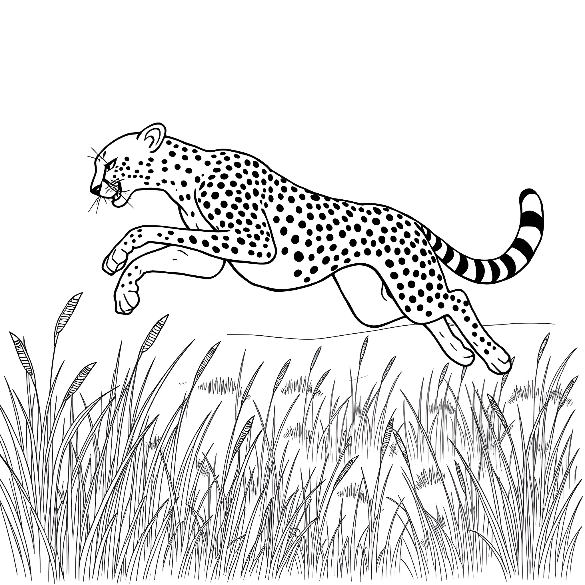 Cheetah racing through the tall grass Coloring Page (free black-and-white line drawing printable PDF for all, from beginners to advanced learners, including children, teens, adults, and seniors)