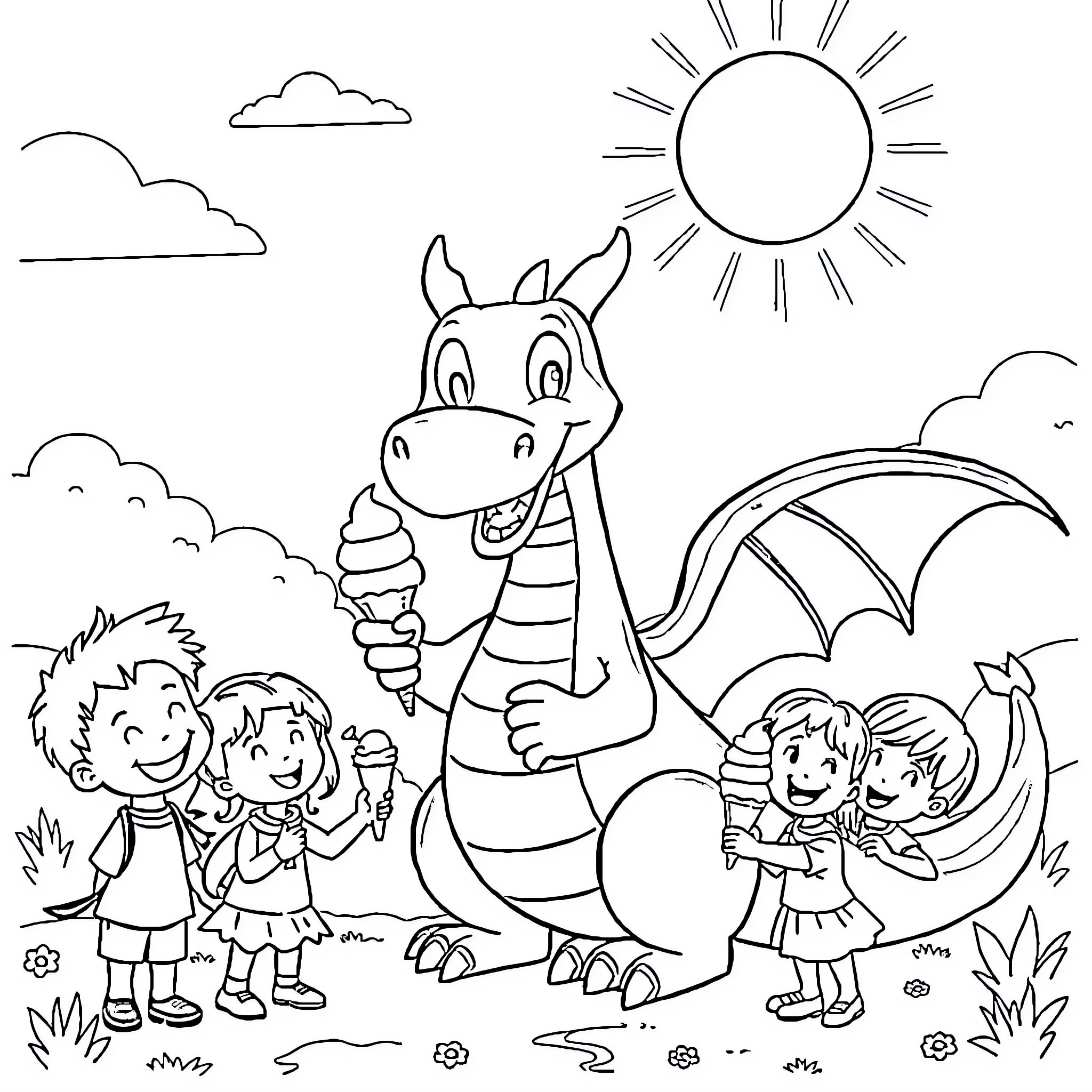 Dragon playing with happy children on a sunny day Coloring Page (free black-and-white line drawing printable PDF for all, from beginners to advanced learners, including children, teens, adults, and seniors)