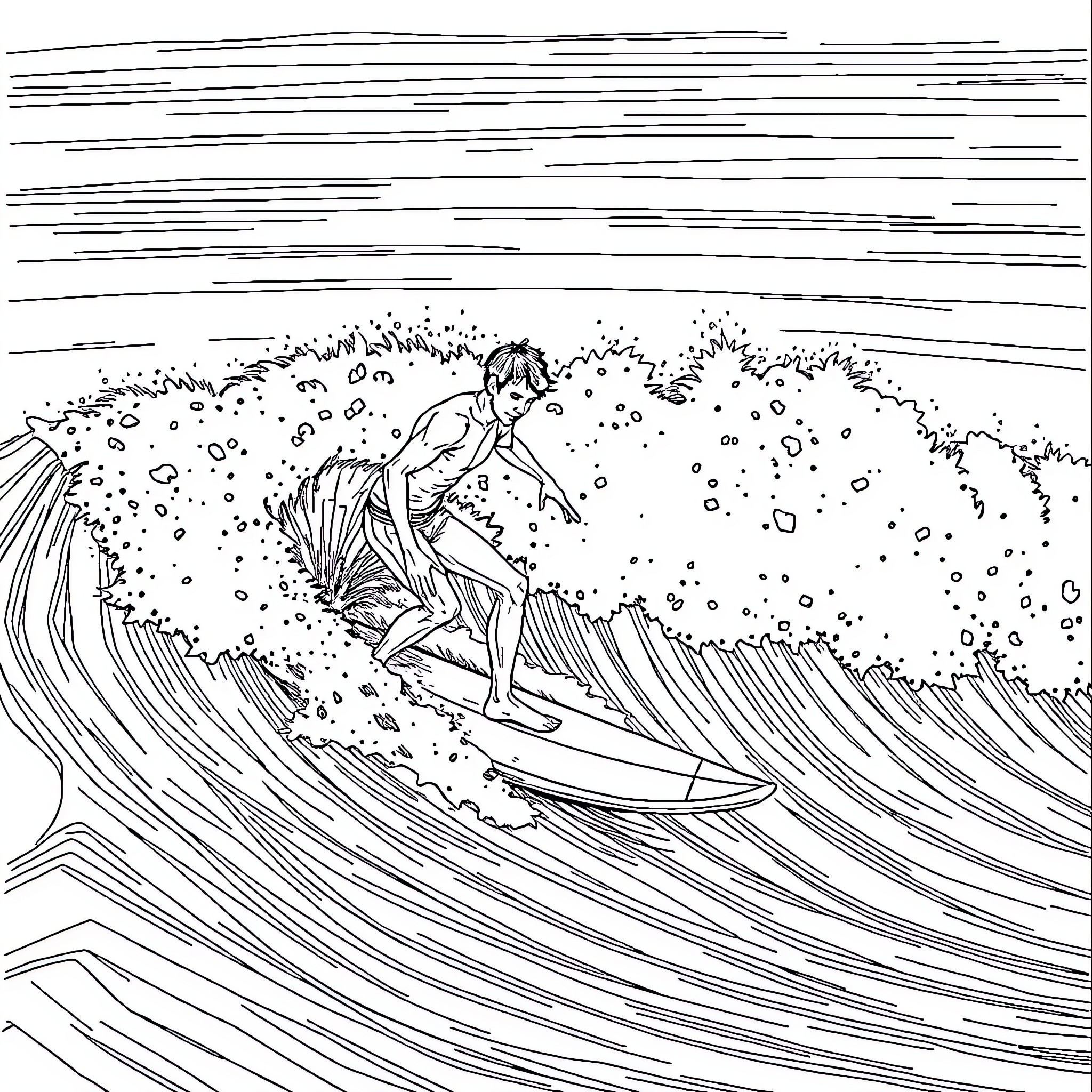 Surfer riding a wave with splash Coloring Page (free black-and-white line drawing printable PDF for all, from beginners to advanced learners, including children, teens, adults, and seniors)