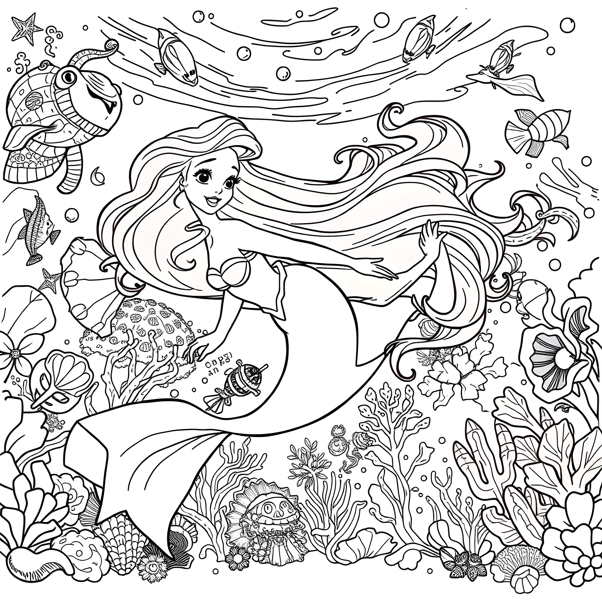 Ariel swimming through the ocean with marine life Coloring Page (free black-and-white line drawing printable PDF for all, from beginners to advanced learners, including children, teens, adults, and seniors)