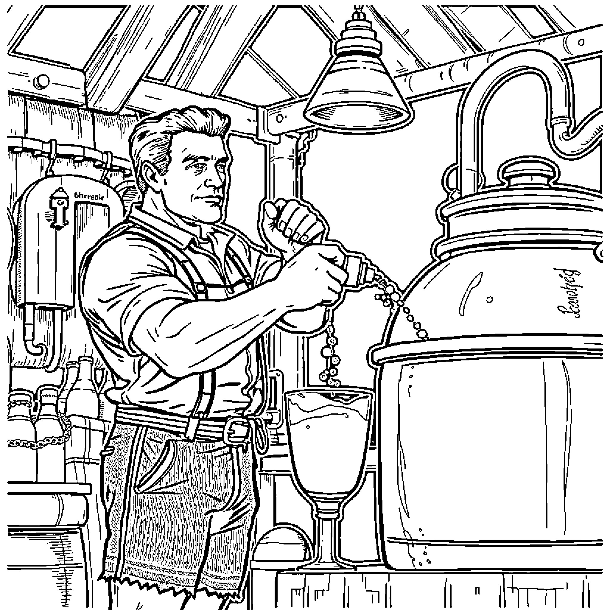 Arnold Schwarzenegger Distilling Liquor in Industrial Setting Coloring Page (free black-and-white line drawing printable PDF for all, from beginners to advanced learners, including children, teens, adults, and seniors)