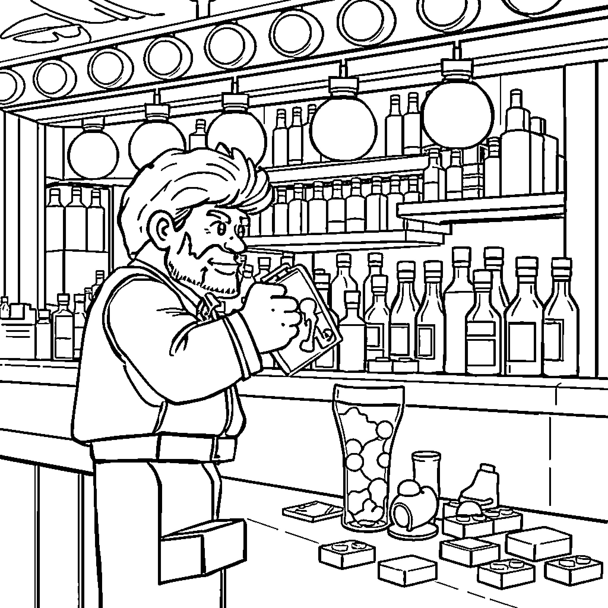 Barman preparing drinks behind the bar counter Coloring Page (free black-and-white line drawing printable PDF for all, from beginners to advanced learners, including children, teens, adults, and seniors)