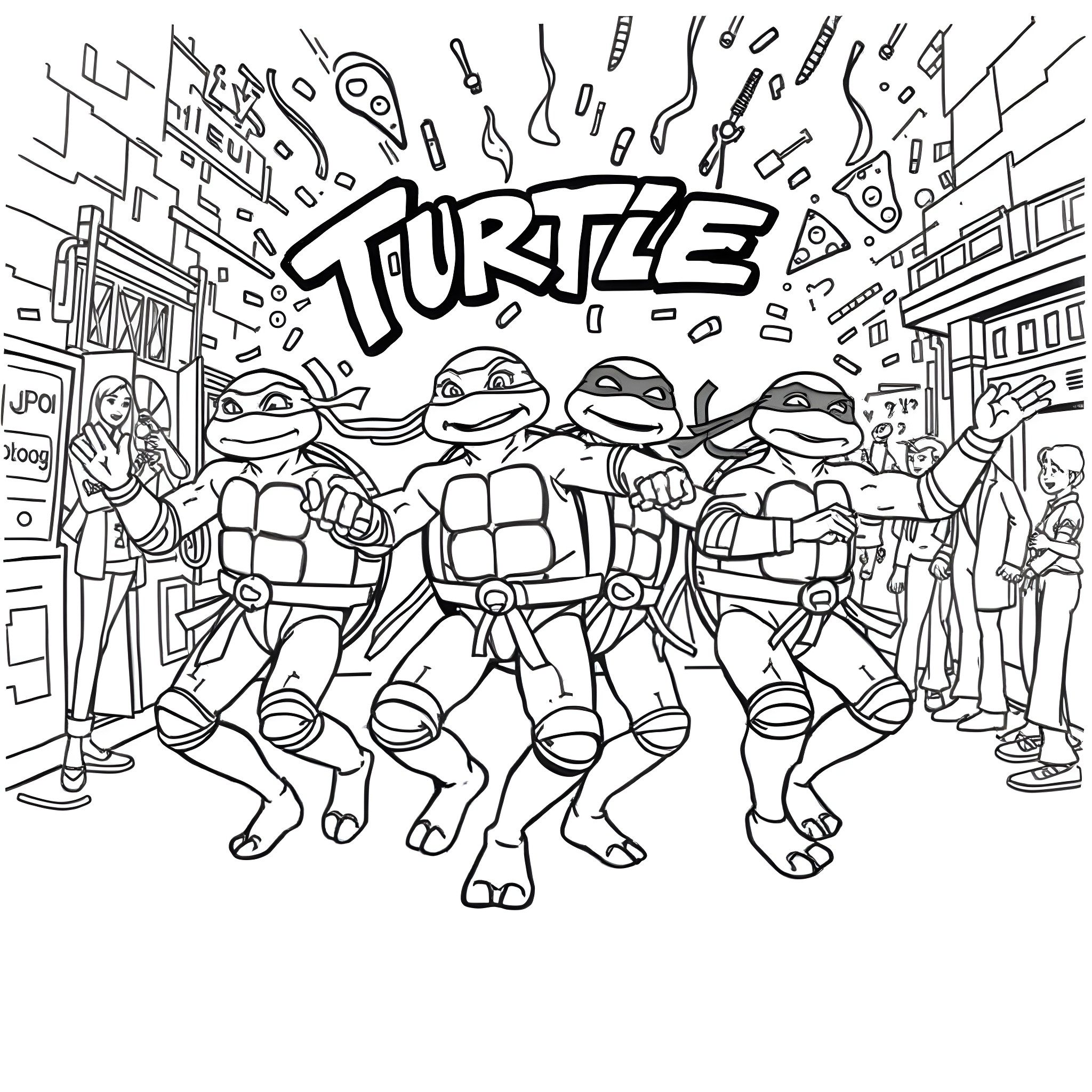 Ninja Turtles in Action-Packed City Scene Coloring Page (free black-and-white line drawing printable PDF for all, from beginners to advanced learners, including children, teens, adults, and seniors)