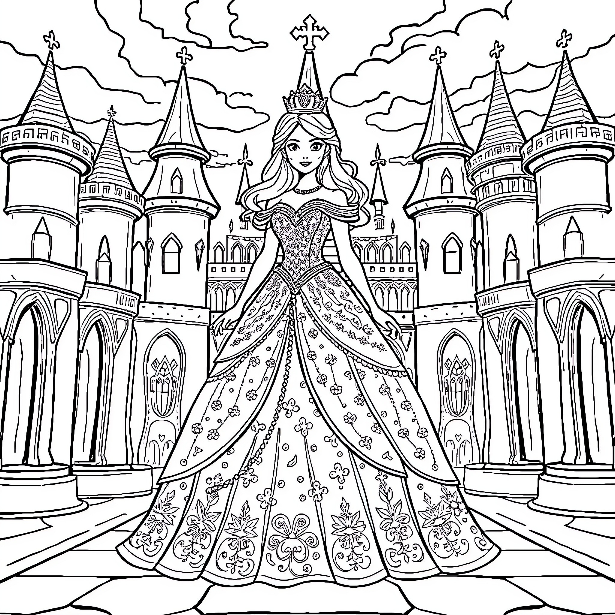 Princess in a Magnificent Castle Coloring Page (free black-and-white line drawing printable PDF for all, from beginners to advanced learners, including children, teens, adults, and seniors)