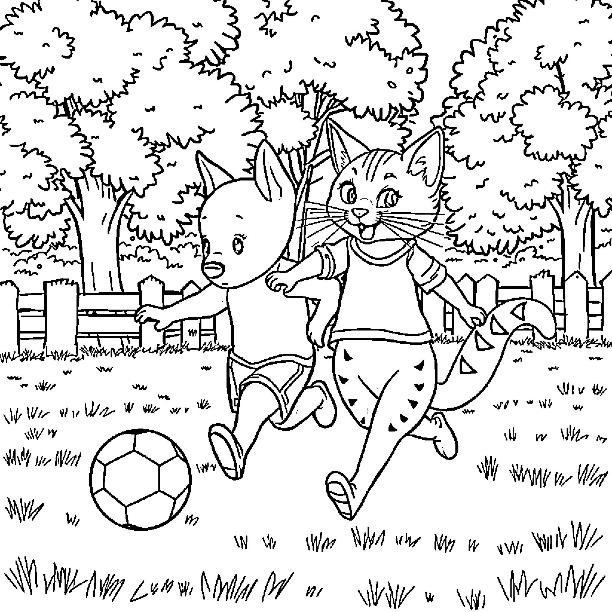 Dog playing with soccer ball in the park Coloring Page (free black-and-white line drawing printable PDF for all, from beginners to advanced learners, including children, teens, adults, and seniors)