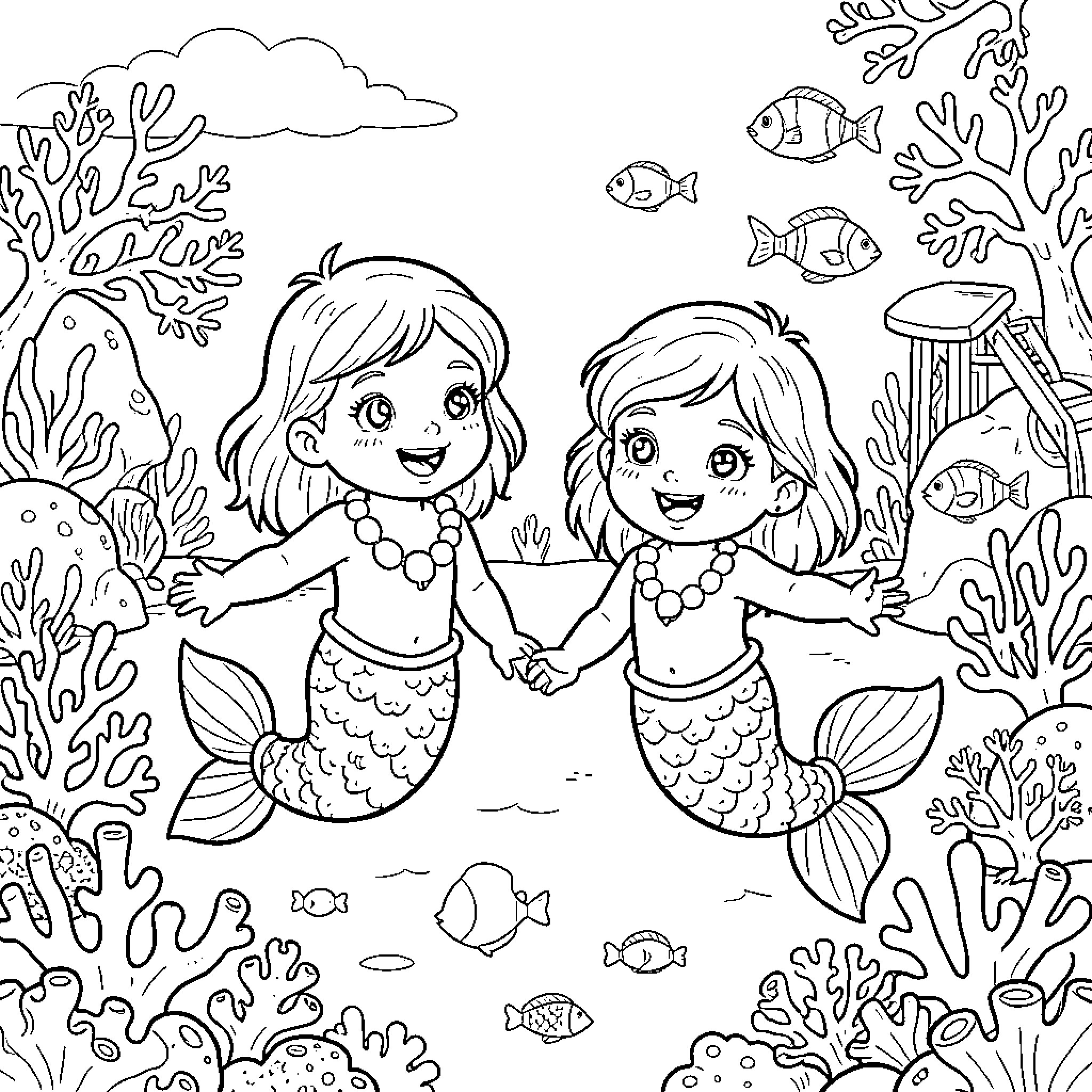Mermaid friends exploring underwater world Coloring Page (free black-and-white line drawing printable PDF for all, from beginners to advanced learners, including children, teens, adults, and seniors)