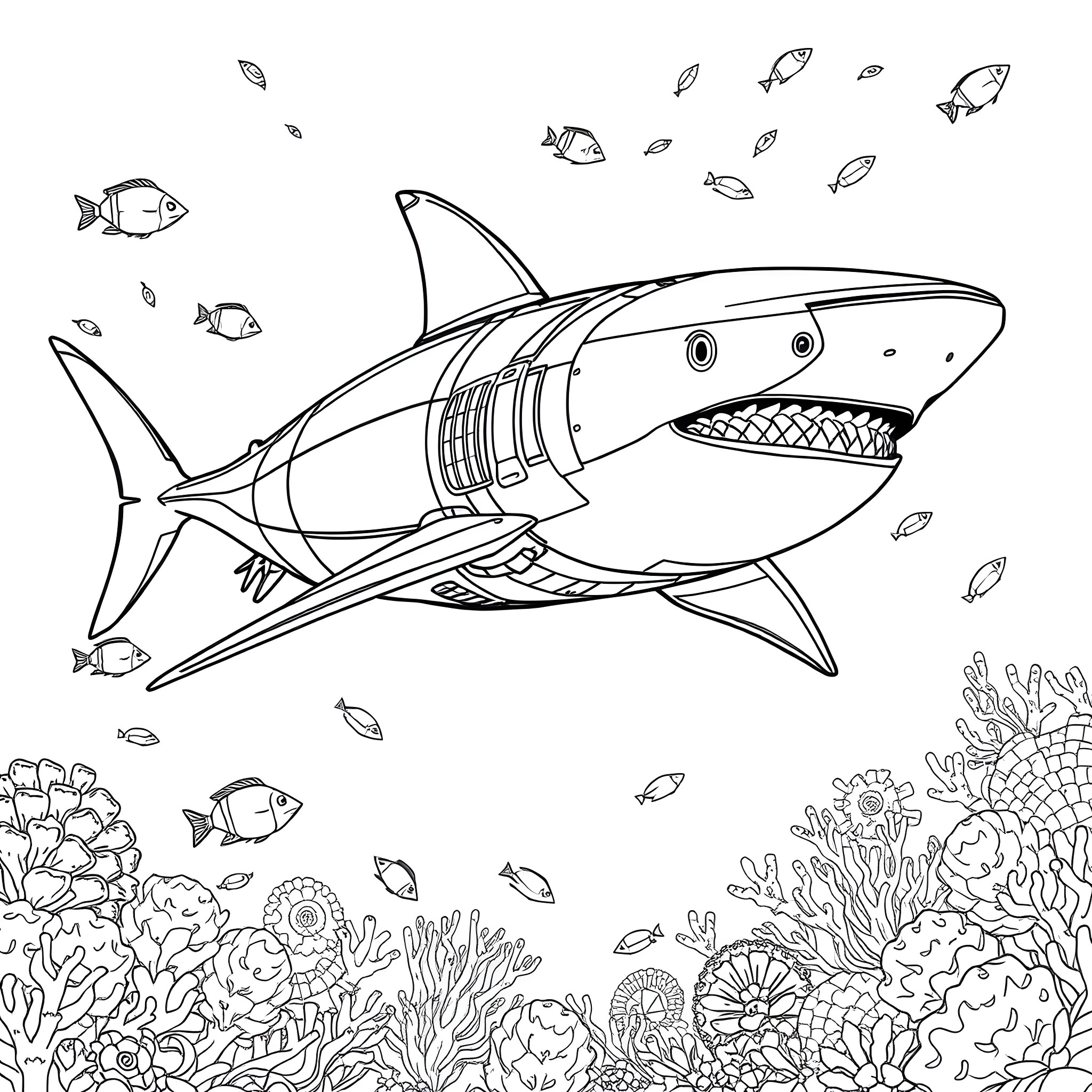 Robot Shark swimming amidst a vibrant coral reef Coloring Page (free black-and-white line drawing printable PDF for all, from beginners to advanced learners, including children, teens, adults, and seniors)