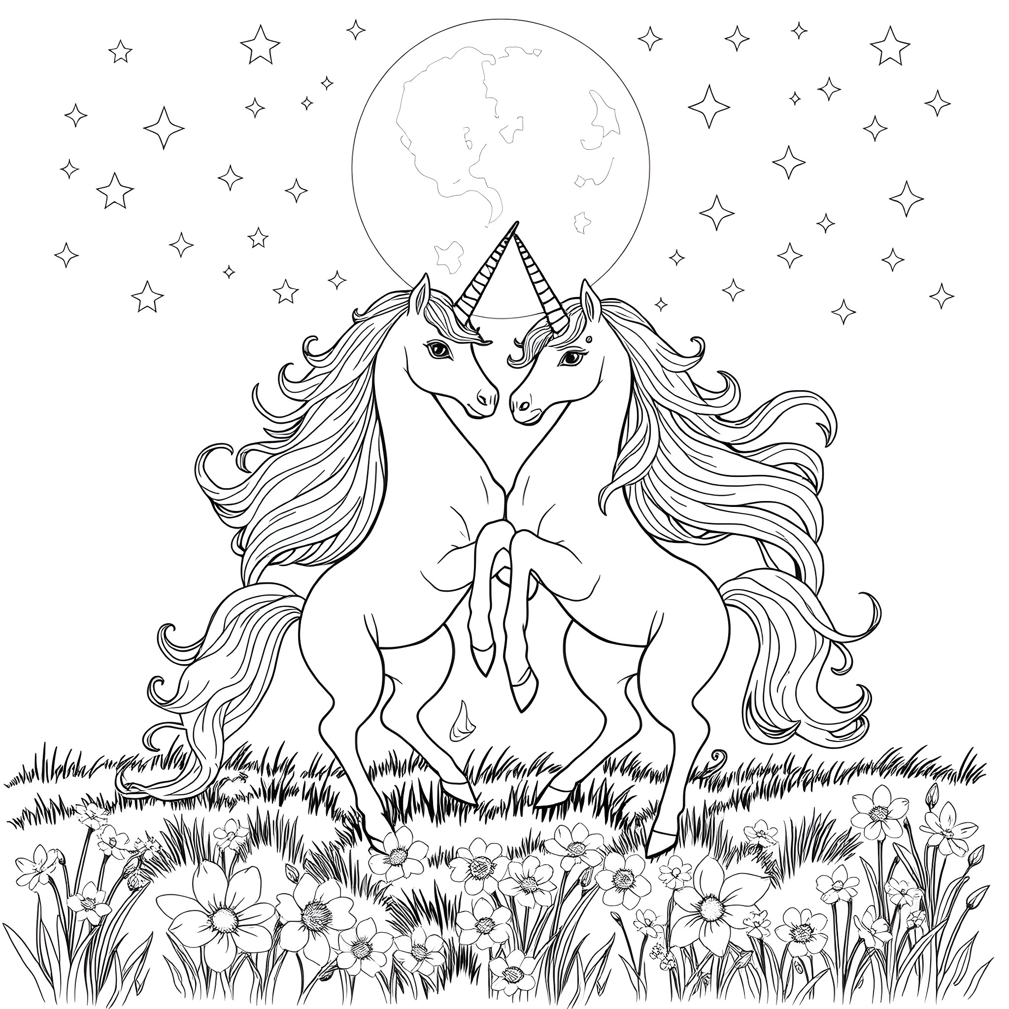 Unicorn companions in a starry night meadow Coloring Page (free black-and-white line drawing printable PDF for all, from beginners to advanced learners, including children, teens, adults, and seniors)