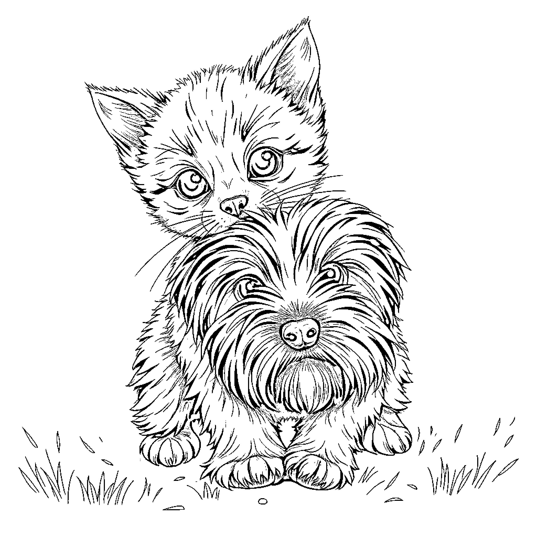 Kitten and Yorkie Puppy Sharing a Moment Coloring Page (free black-and-white line drawing printable PDF for all, from beginners to advanced learners, including children, teens, adults, and seniors)