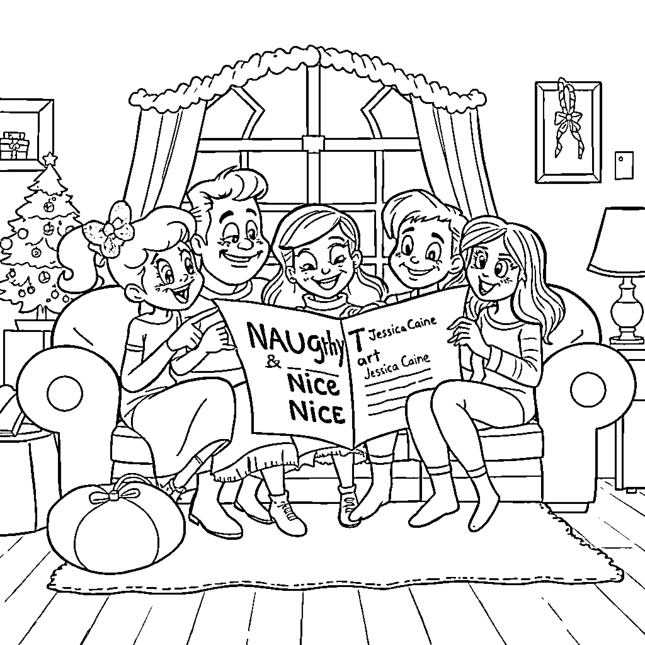 Bluey and friends enjoying a festive Christmas celebration Coloring Page (free black-and-white line drawing printable PDF for all, from beginners to advanced learners, including children, teens, adults, and seniors)