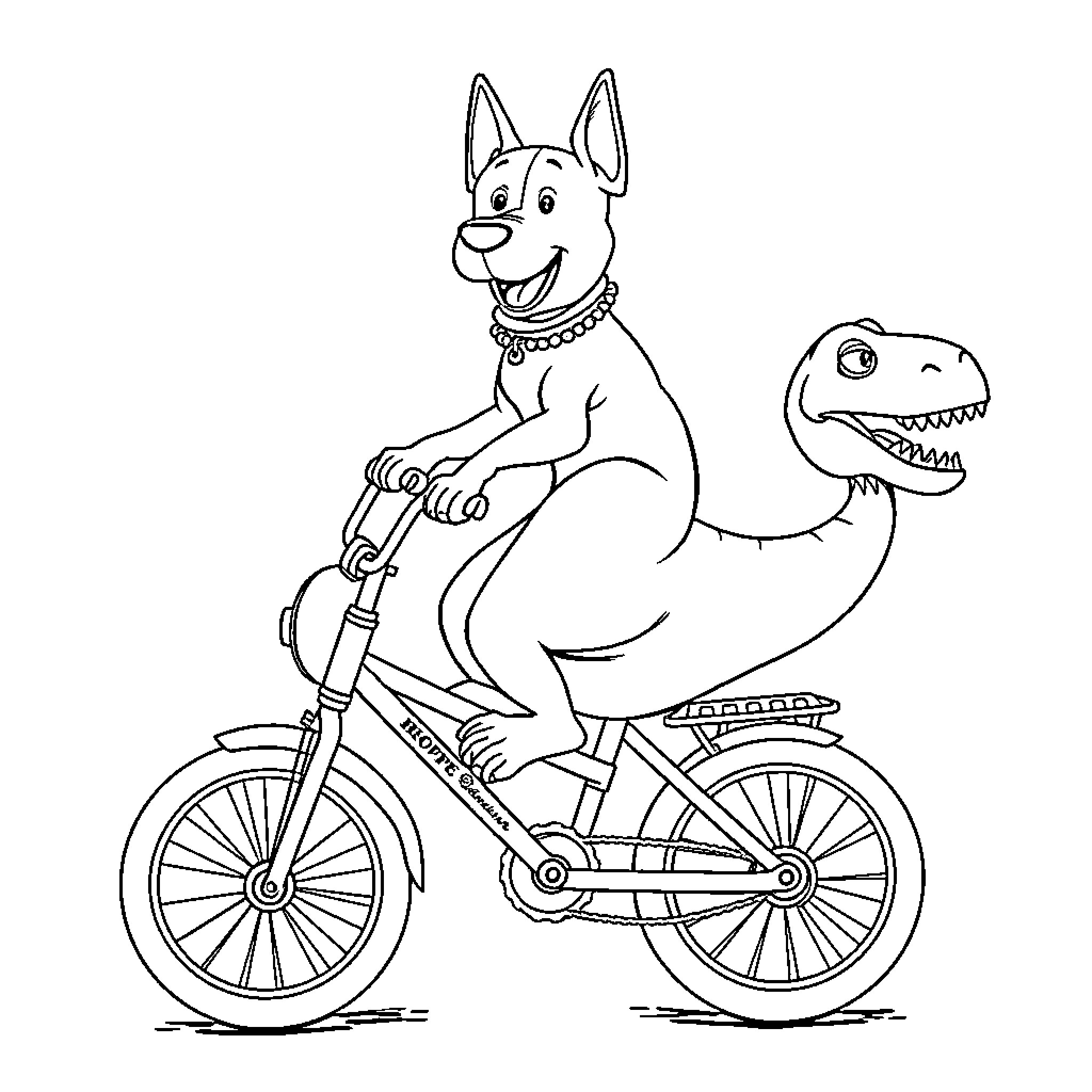 Dog riding a bicycle with a dinosaur companion Coloring Page (free black-and-white line drawing printable PDF for all, from beginners to advanced learners, including children, teens, adults, and seniors)