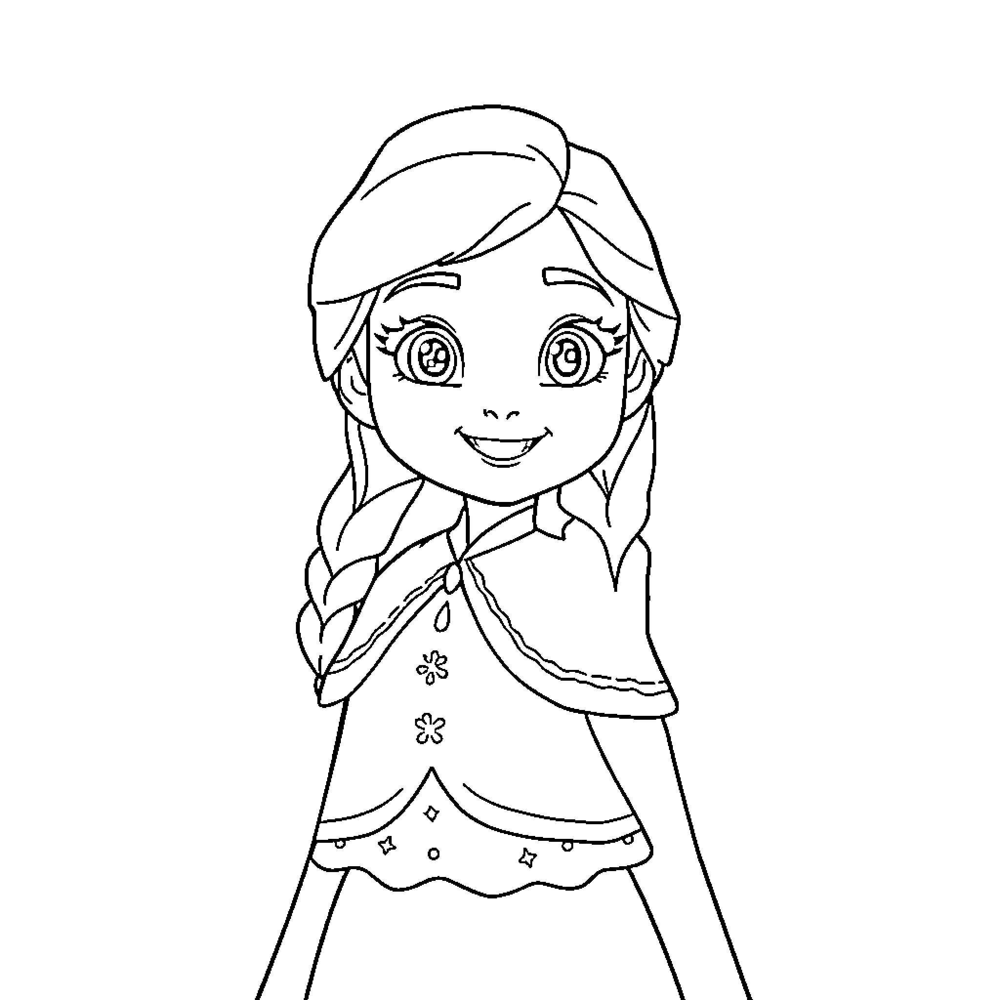 Anna's joyful expression in a floral dress Coloring Page (free black-and-white line drawing printable PDF for all, from beginners to advanced learners, including children, teens, adults, and seniors)