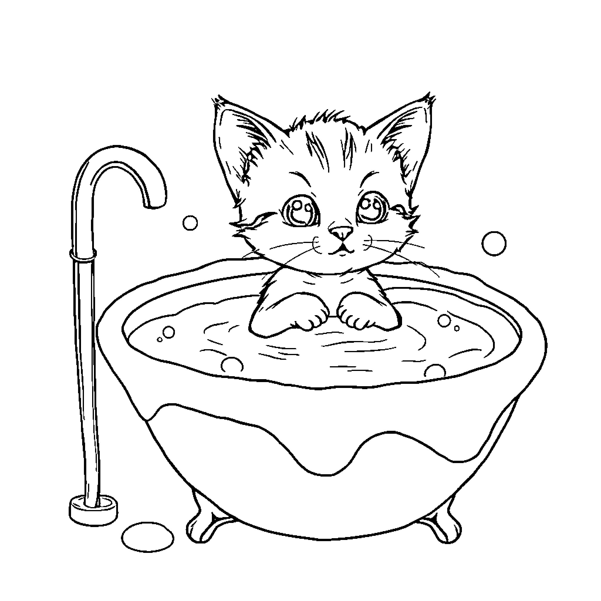 Cat relaxing in a bubble bath Coloring Page (free black-and-white line drawing printable PDF for all, from beginners to advanced learners, including children, teens, adults, and seniors)