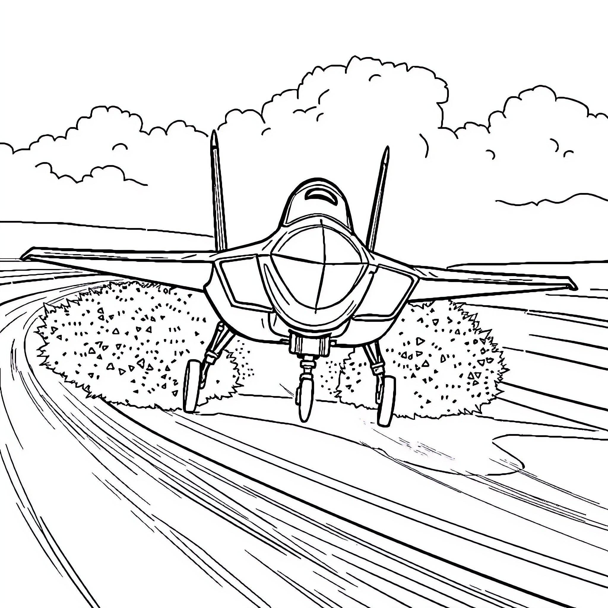 F35 Fighter Jet on the Runway Coloring Page (free black-and-white line drawing printable PDF for all, from beginners to advanced learners, including children, teens, adults, and seniors)