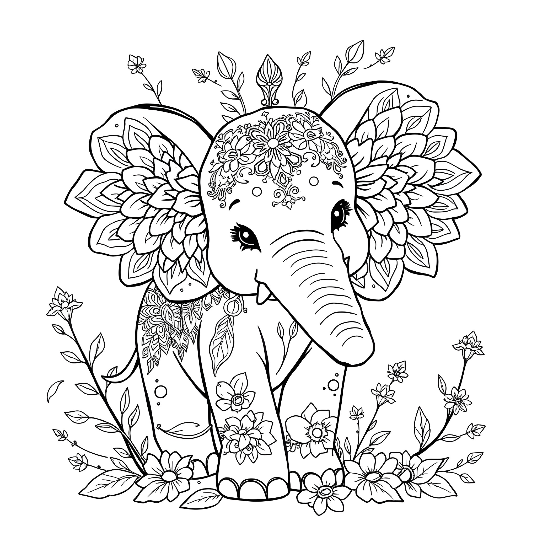 Baby Elephant playing amongst colorful flowers Coloring Page (free black-and-white line drawing printable PDF for all, from beginners to advanced learners, including children, teens, adults, and seniors)