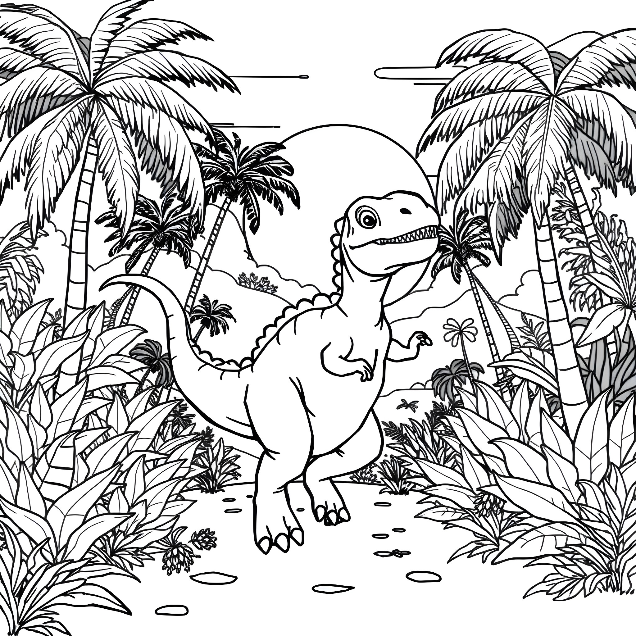 Dinosaur exploring lush tropical jungle Coloring Page (free black-and-white line drawing printable PDF for all, from beginners to advanced learners, including children, teens, adults, and seniors)