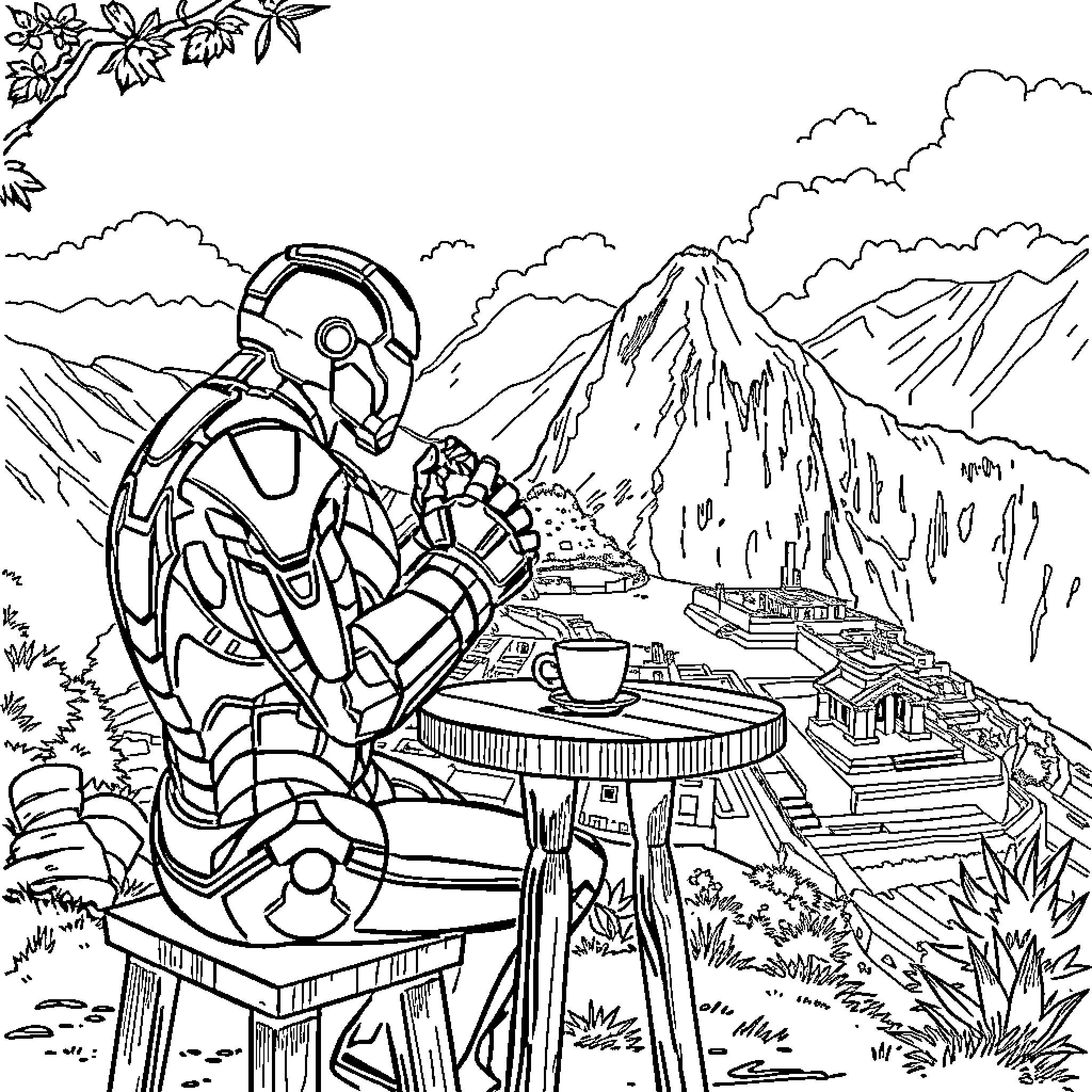 Ironman exploring a futuristic alien landscape Coloring Page (free black-and-white line drawing printable PDF for all, from beginners to advanced learners, including children, teens, adults, and seniors)