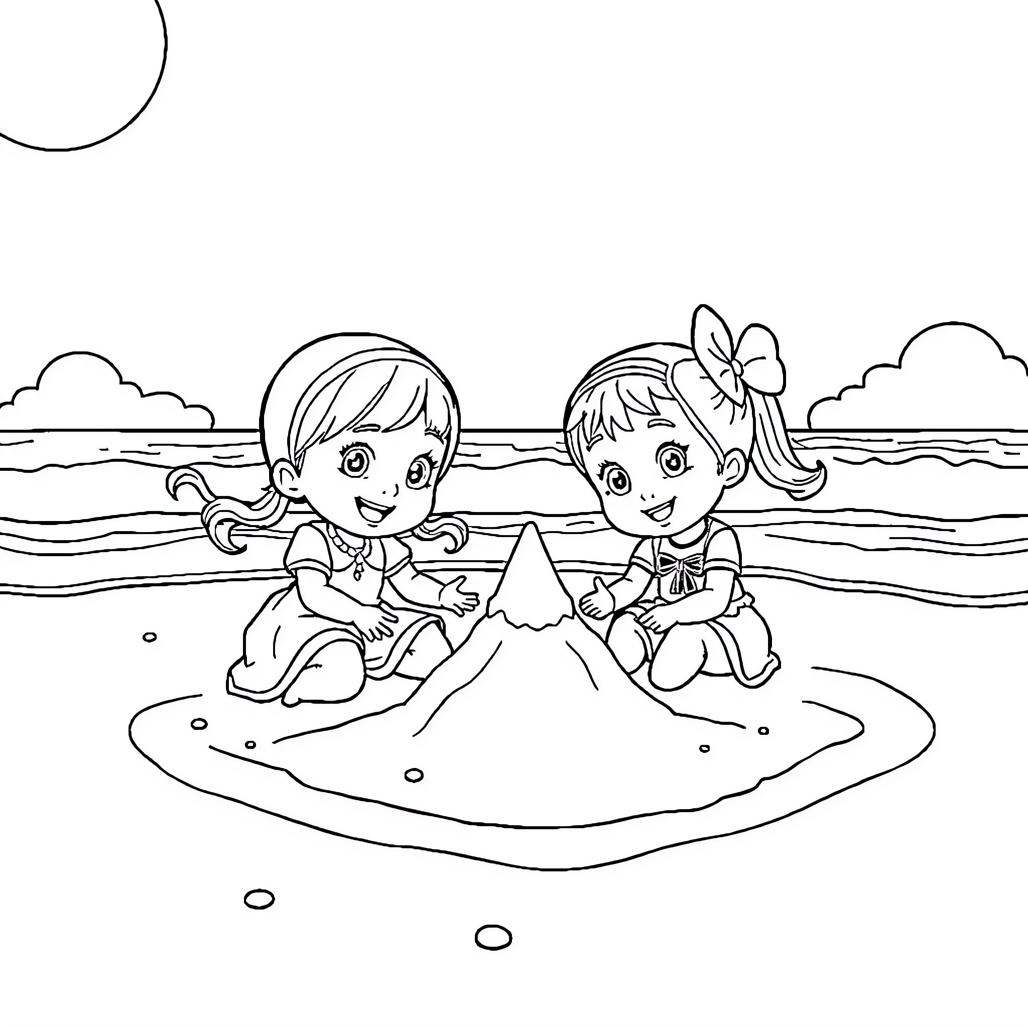Masha and Bear Playing on the Beach Coloring Page (free black-and-white line drawing printable PDF for all, from beginners to advanced learners, including children, teens, adults, and seniors)