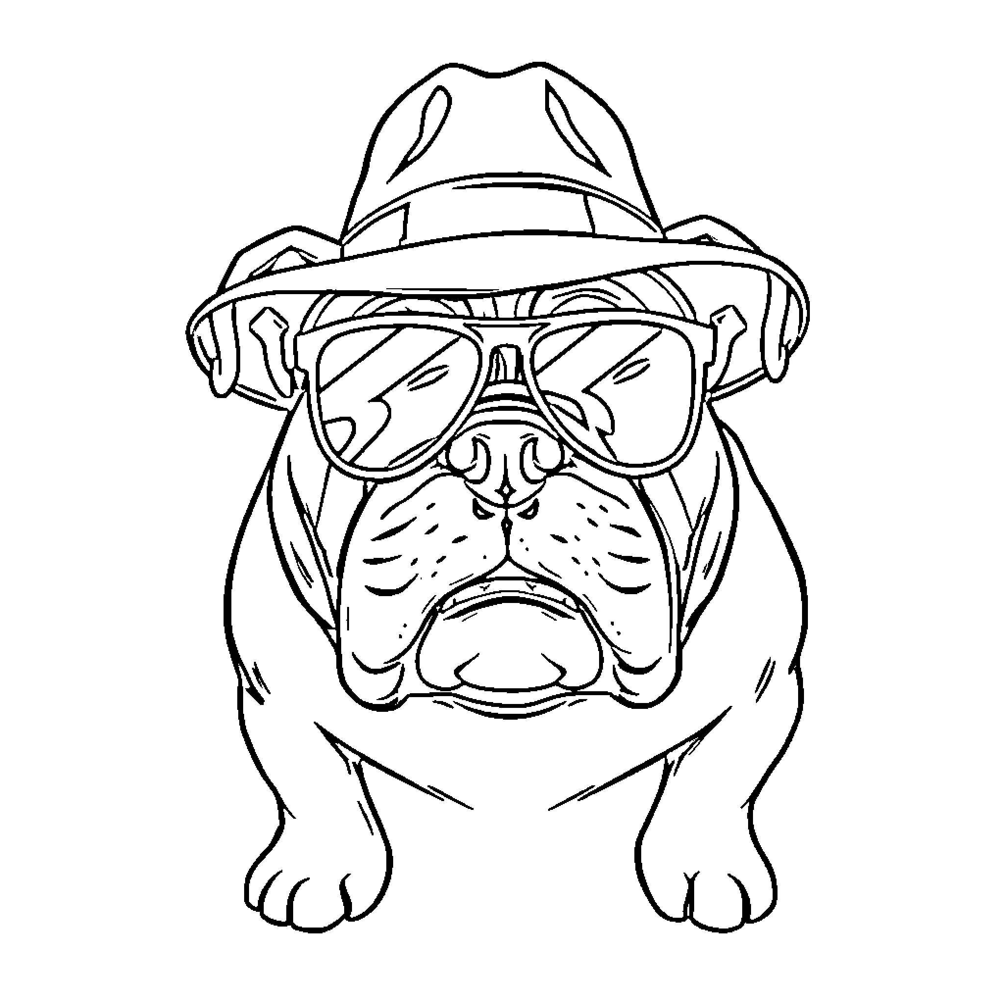 Bulldog wearing a hat and sunglasses Coloring Page (free black-and-white line drawing printable PDF for all, from beginners to advanced learners, including children, teens, adults, and seniors)