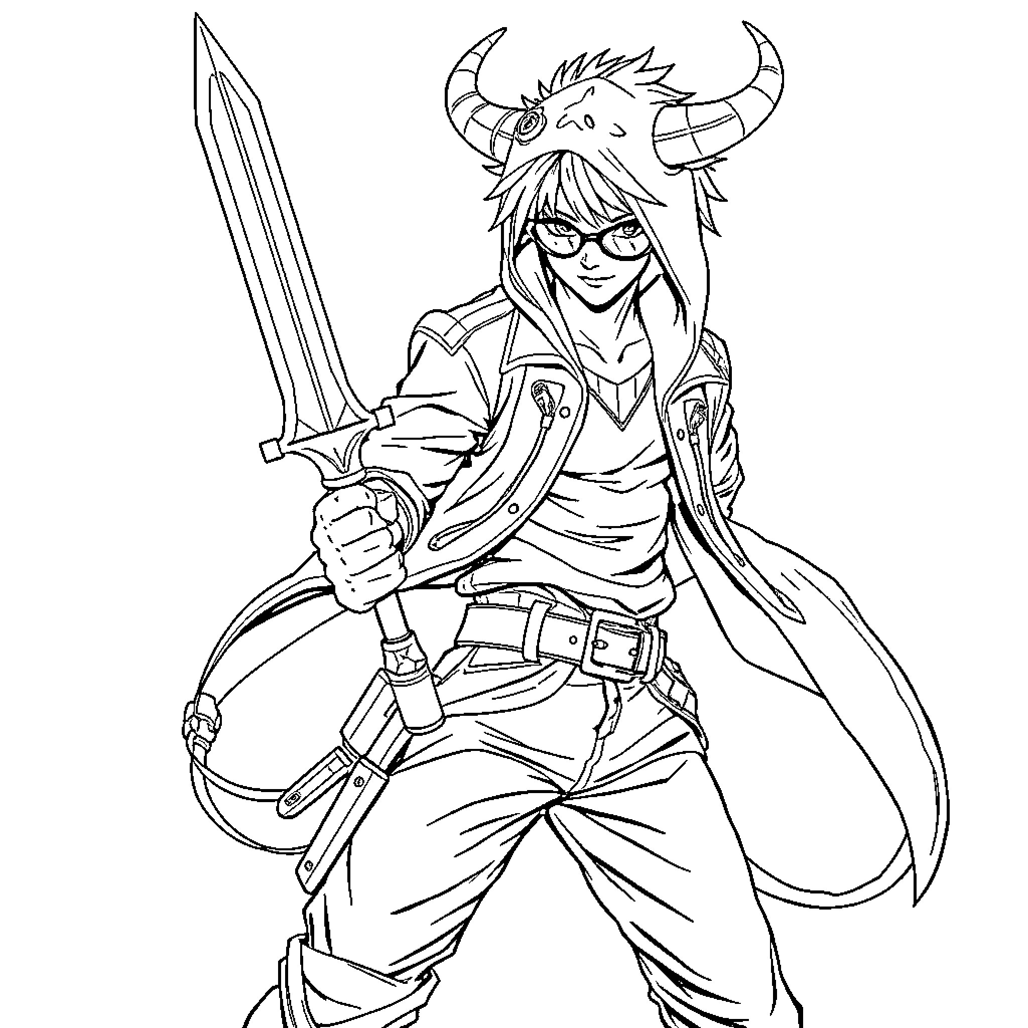 Kpop Demon Hunter Wielding Sword with Determination Coloring Page (free black-and-white line drawing printable PDF for all, from beginners to advanced learners, including children, teens, adults, and seniors)