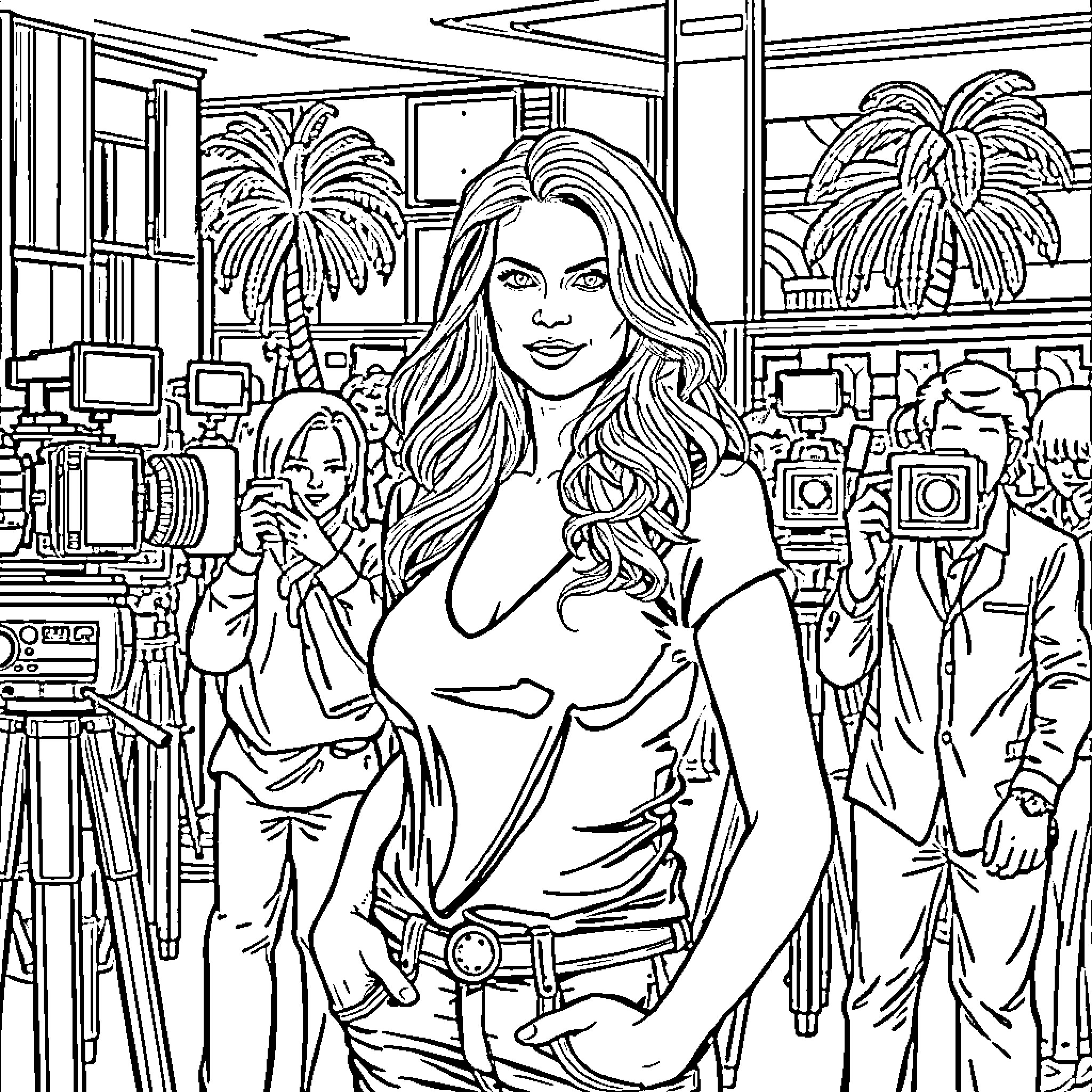 Heather Locklear surrounded by paparazzi in a busy scene Coloring Page (free black-and-white line drawing printable PDF for all, from beginners to advanced learners, including children, teens, adults, and seniors)