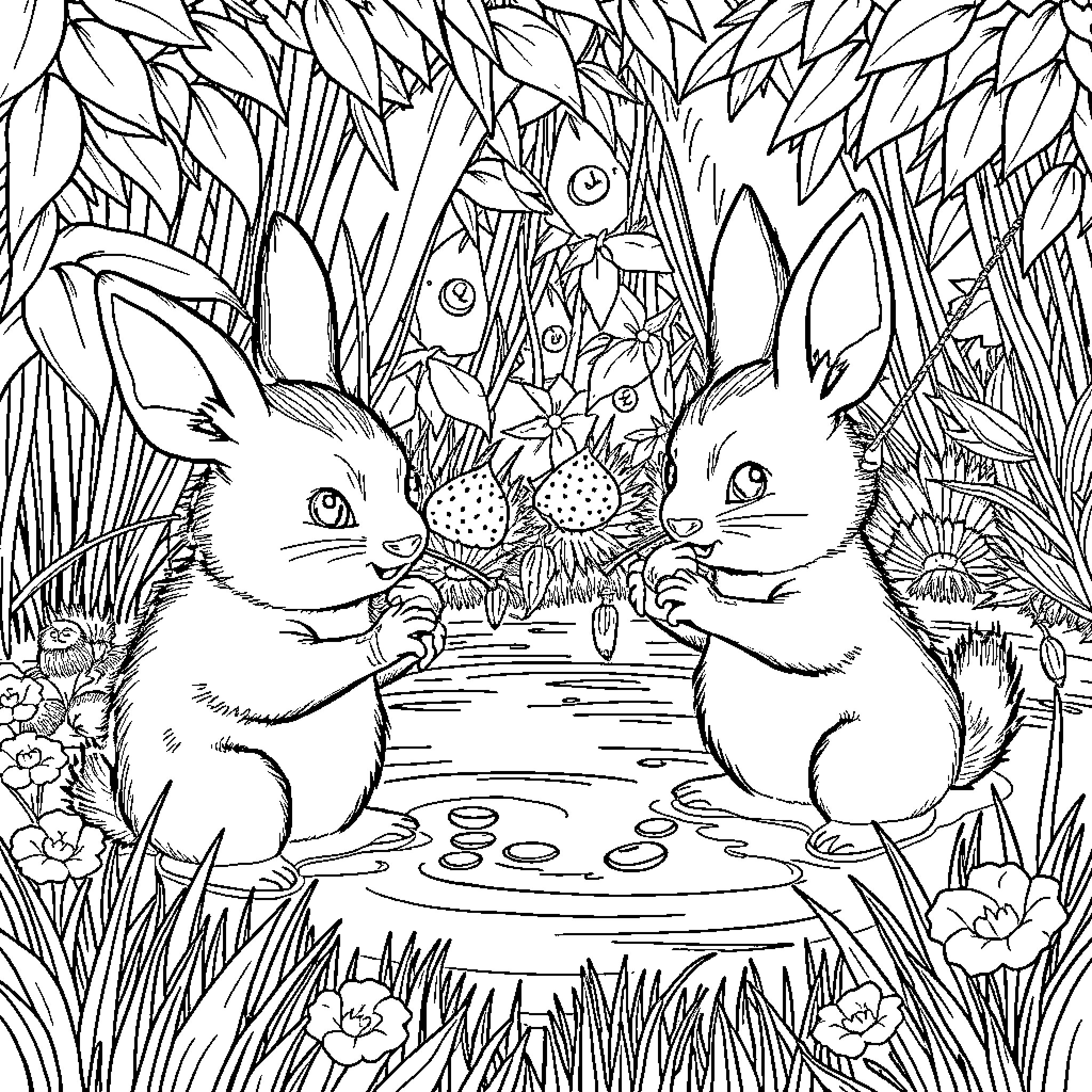 Bunnies enjoying a peaceful forest scene Coloring Page (free black-and-white line drawing printable PDF for all, from beginners to advanced learners, including children, teens, adults, and seniors)