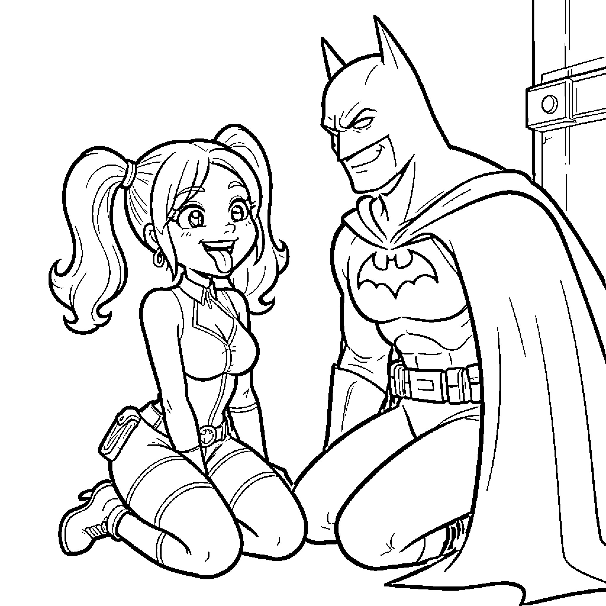 Harley Quinn smiling playfully next to Batman Coloring Page (free black-and-white line drawing printable PDF for all, from beginners to advanced learners, including children, teens, adults, and seniors)