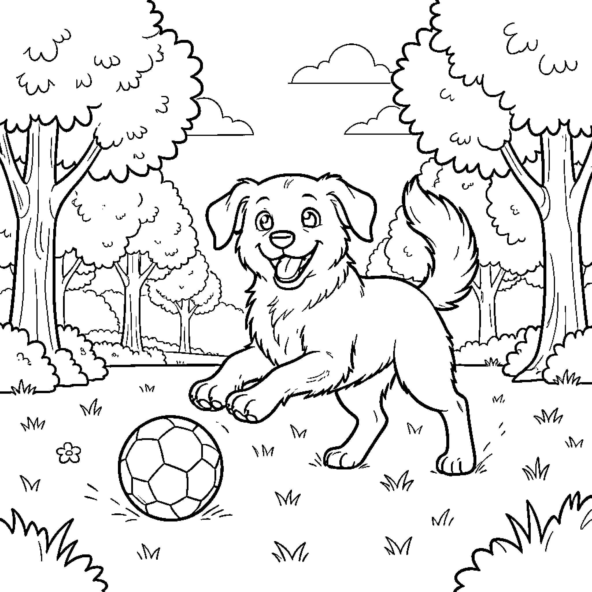 Perro jugando alegremente con una pelota en el parque Coloring Page (free black-and-white line drawing printable PDF for all, from beginners to advanced learners, including children, teens, adults, and seniors)
