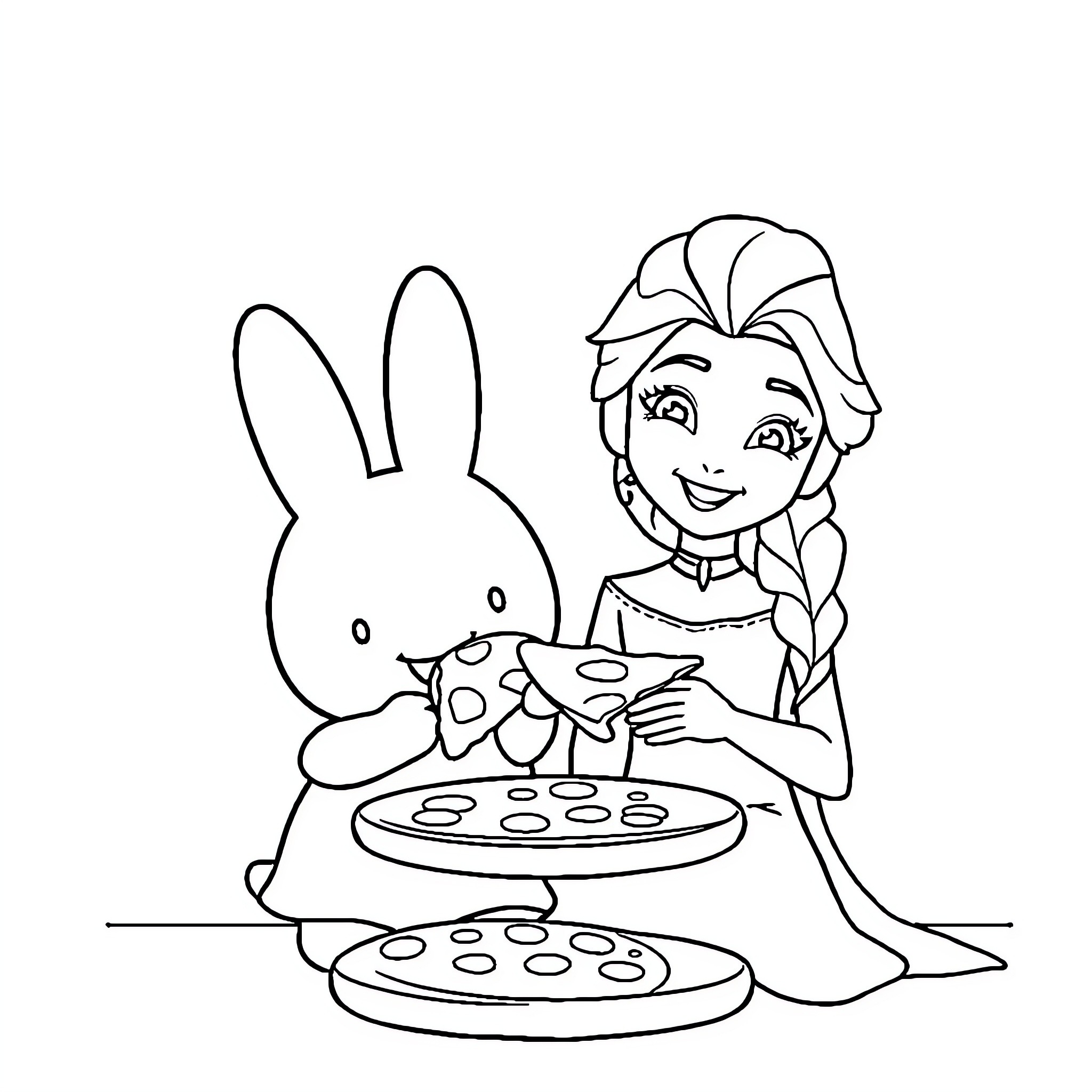 Miffy baking cookies with a friendly girl Coloring Page (free black-and-white line drawing printable PDF for all, from beginners to advanced learners, including children, teens, adults, and seniors)